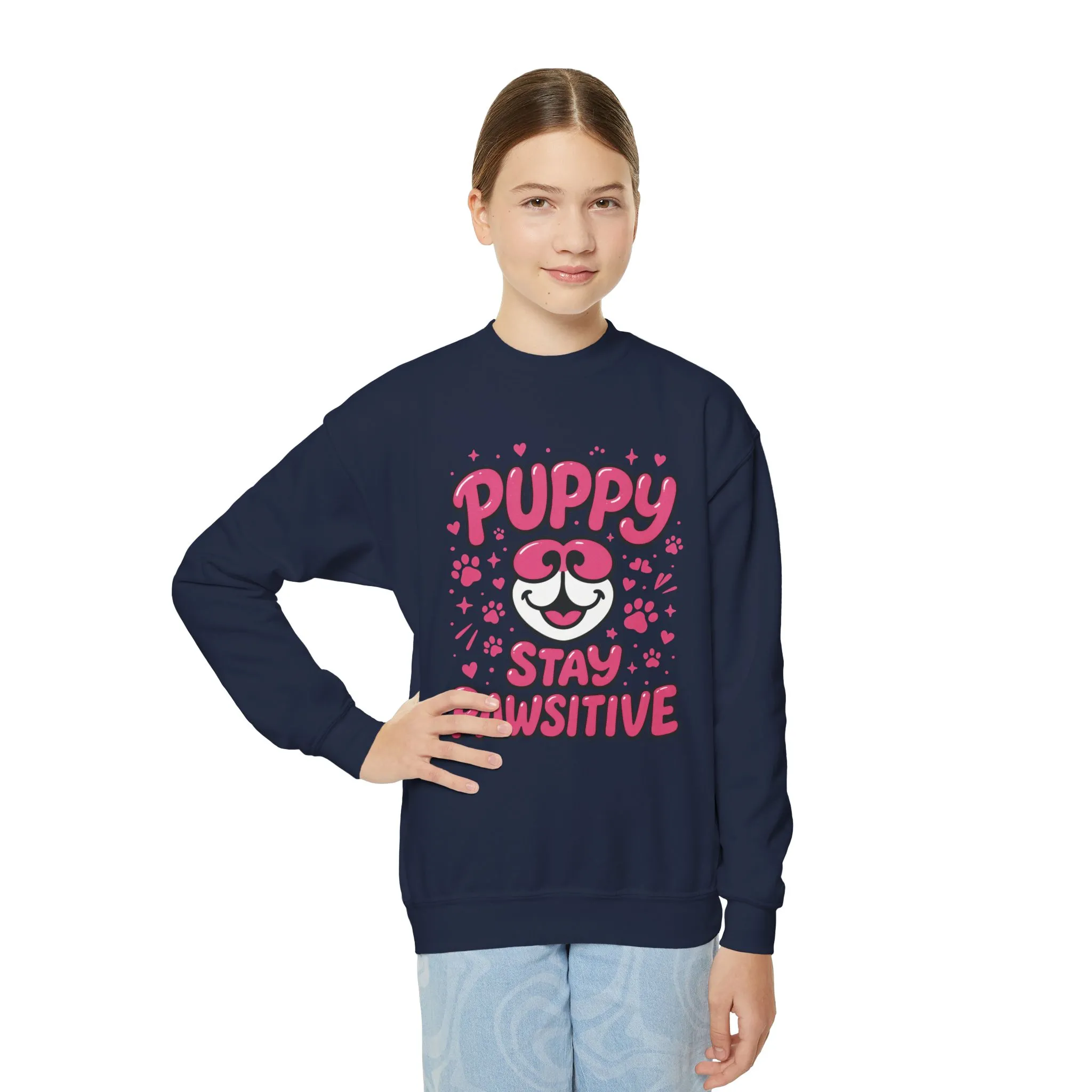 Youth Puppy Crewneck Sweatshirt - Stay Pawsitive Design, Cute Pet Apparel, Kids Sweatshirt, Animal Lover Gift, Cozy Winter Wear, Kids Gift
