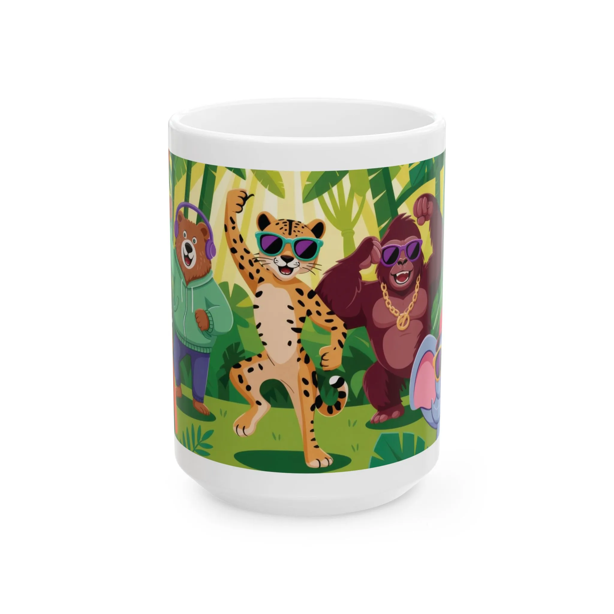 Vibrant Jungle Friends Mug 15oz, Fun Drinkware for Animal Lovers, Coffee Tea Mug, Gift for Kids, Birthday Party Favor, Nature Decor
