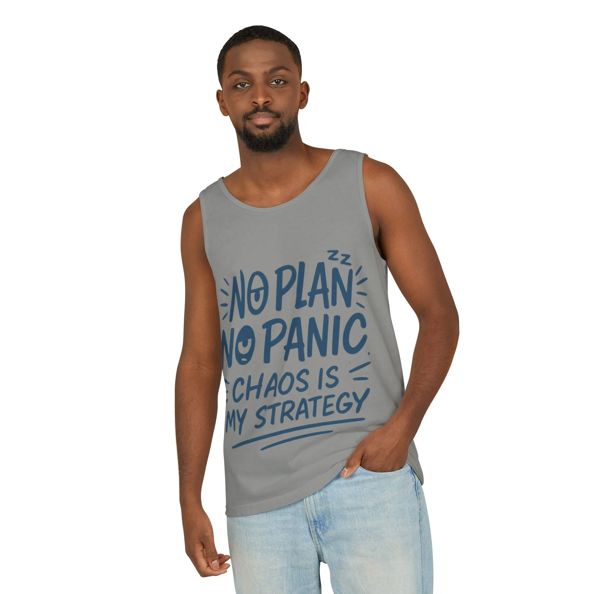 Funny Chaos Quote Mens Tank Top, No Plan No Panic Humor Shirt, Casual Graphic Tee Gift for Him, Relaxed Fit, Workout Gym Humor Shirt - Image 26