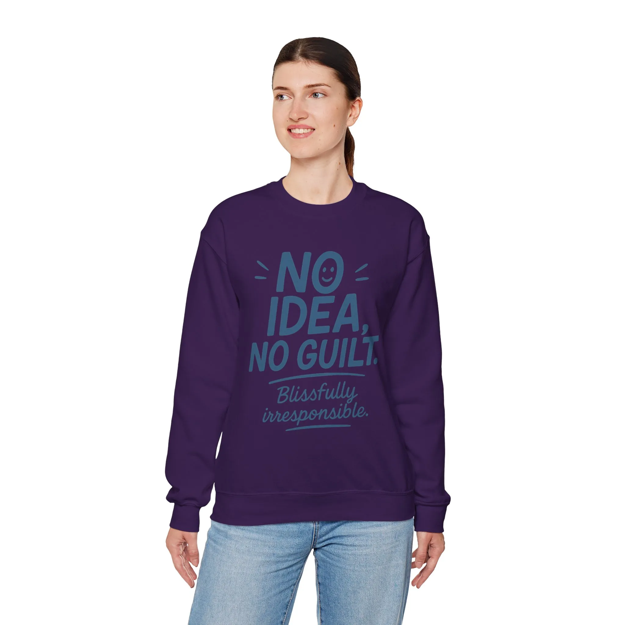 Funny Womens Sweatshirt, No Idea No Guilt Quote, Blissfully Irresponsible Cozy Pullover, Relaxed Fit Gift for Her, Gift for Friends - Image 3