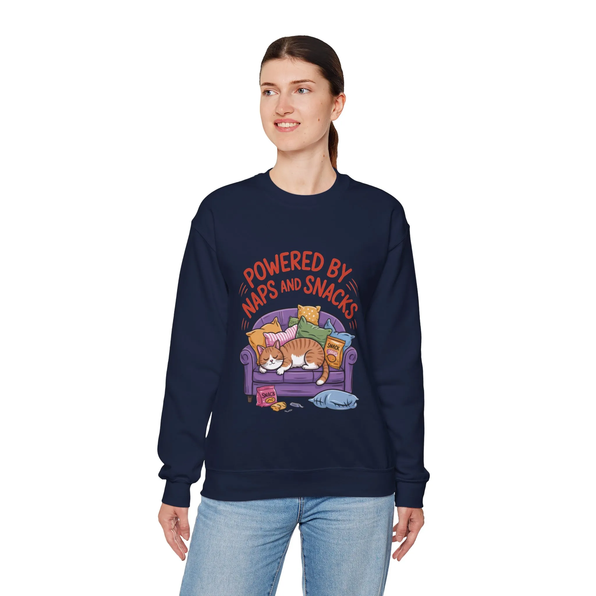 Powered by Naps and Snacks Sweatshirt, Cozy Lounge Crewneck, Gifts for Cat Lovers, Funny Cat Sweatshirt, Casual Everyday Wear - Image 3