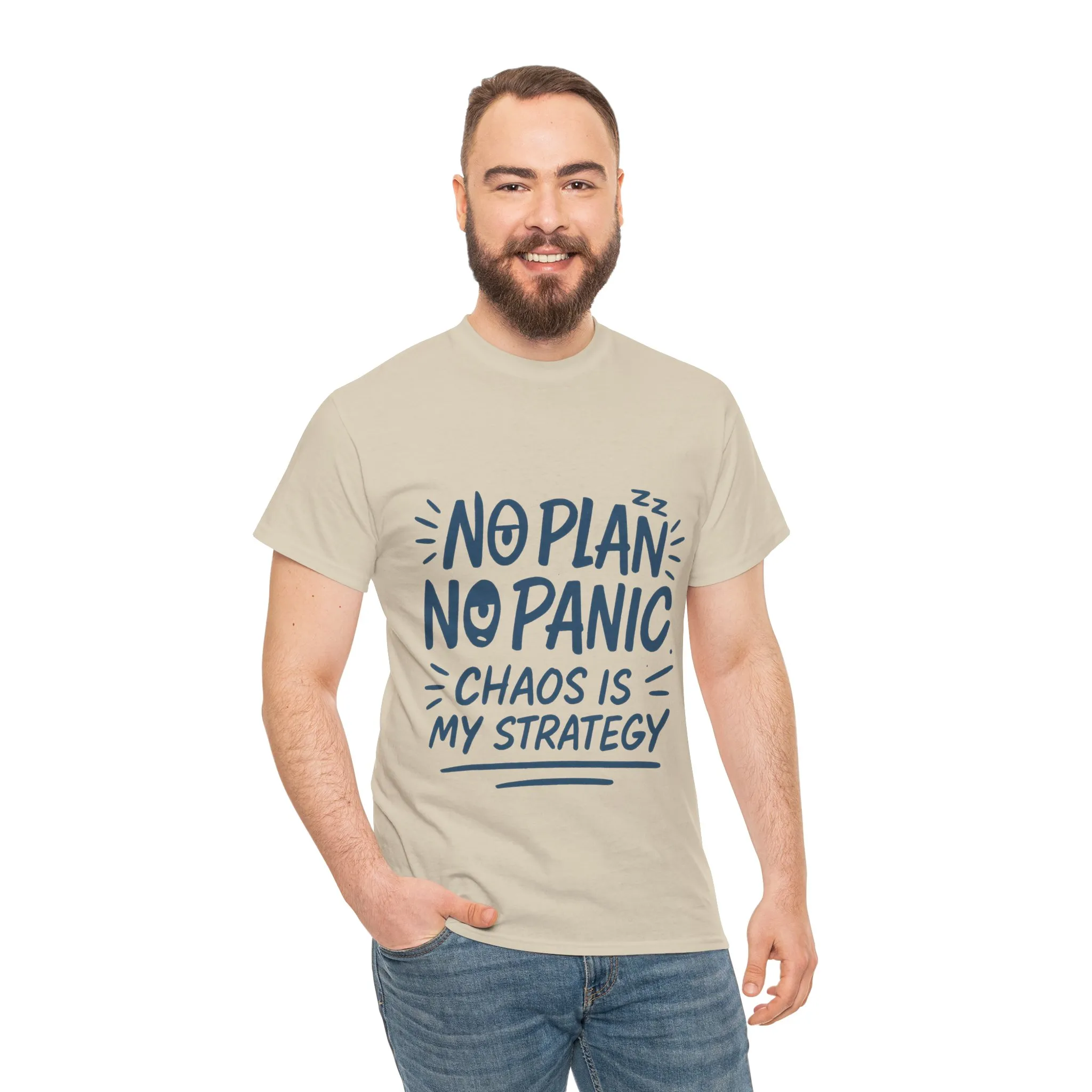 Funny Chaos Quote Mens T-Shirt, No Plan No Panic Humor Shirt, Casual Graphic Tee Gift for Him, Relaxed Fit - Image 8