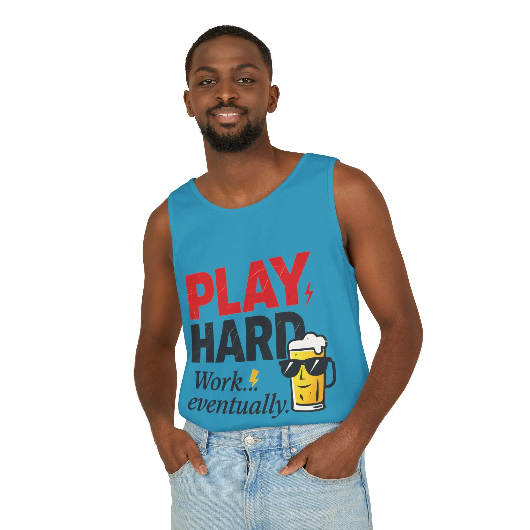 Casual Tank Top with Play Hard Print, Fun Summer Apparel, Gift for Dad or Friends, Beach Wear, Workout Top, Party Attire - Image 18