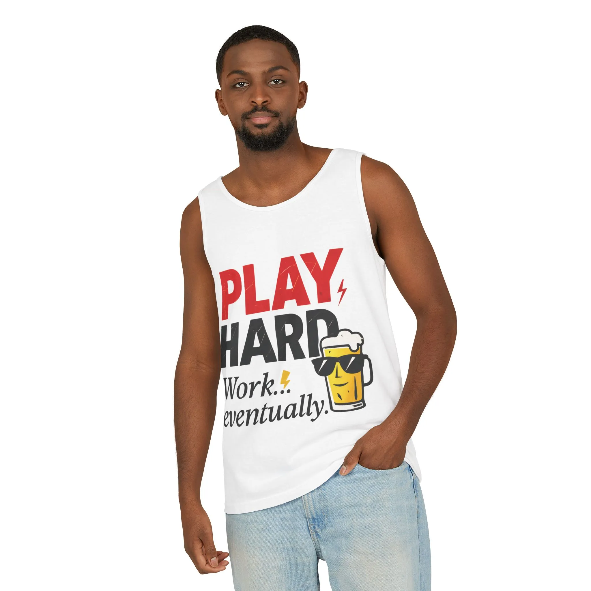 Casual Tank Top with Play Hard Print, Fun Summer Apparel, Gift for Dad or Friends, Beach Wear, Workout Top, Party Attire - Image 5