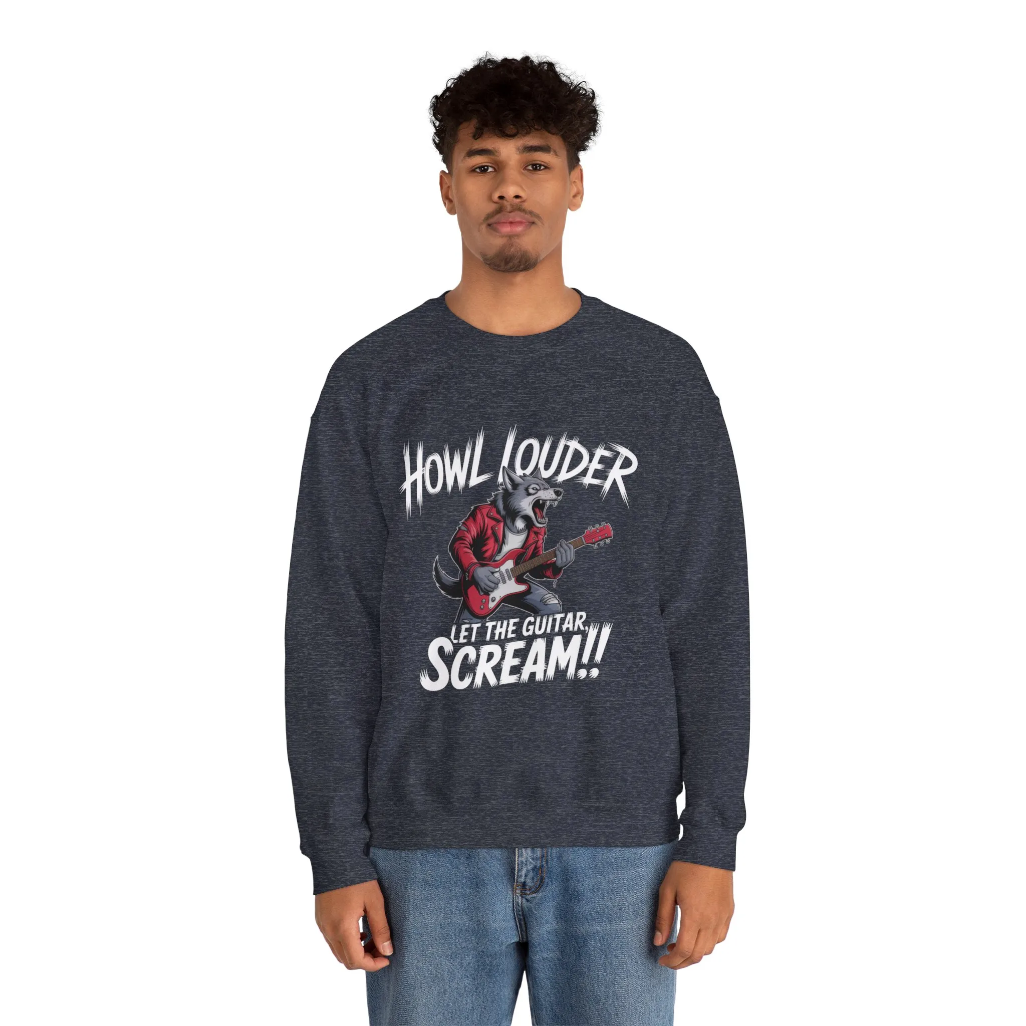 Howl Louder Wolf Sweatshirt, Let The Guitar Scream Pullover, Rock Guitar Animal Hoodie, Rocking Wolf Crewneck Sweatshirt, Music Lover Gift - Image 14