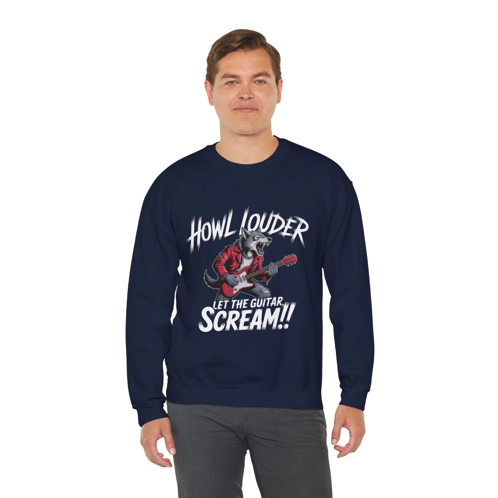 Howl Louder Wolf Sweatshirt, Let The Guitar Scream Pullover, Rock Guitar Animal Hoodie, Rocking Wolf Crewneck Sweatshirt, Music Lover Gift - Image 27