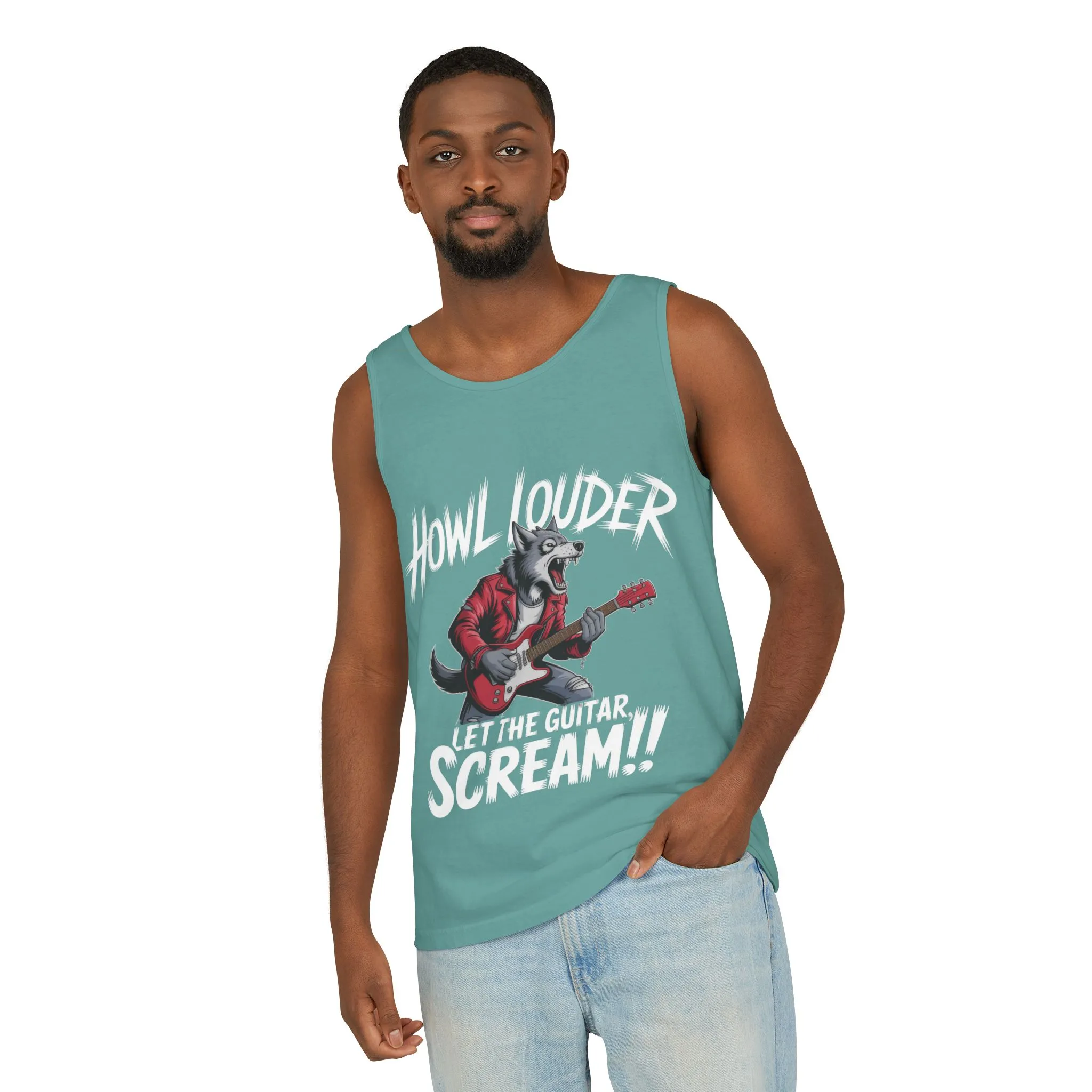 Howl Louder Wolf Tank Top, Mens Muscle Shirt, Rock Guitarist Graphic Sleeveless Tee, Wolf Workout Gym Tank, Music Lover Gift - Image 11