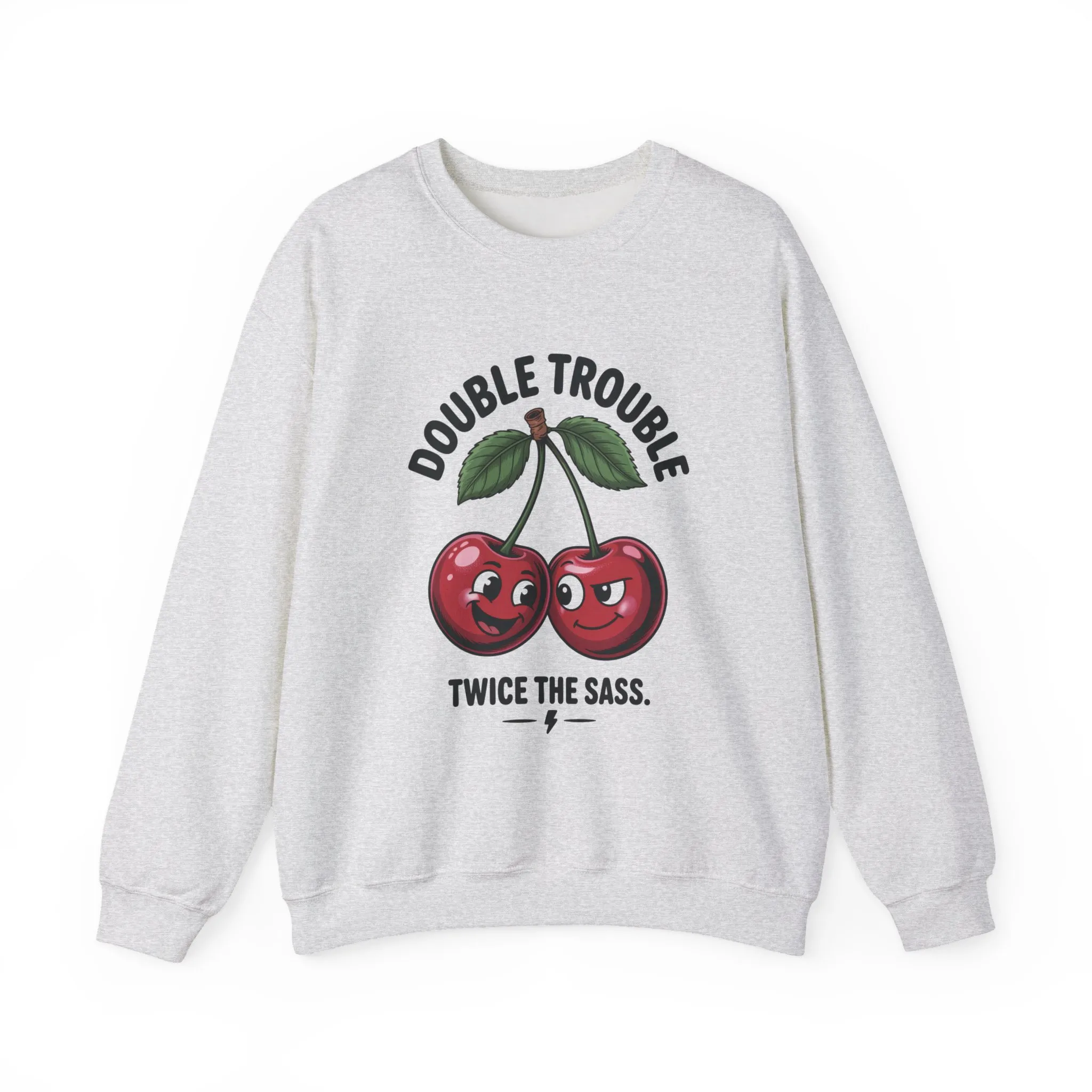 Double Trouble Cherry Sweatshirt, Cute Funny Womens Pullover, Twice The Sass Fruit Graphic Sweater, Playful Red Cherry Crewneck - Image 4