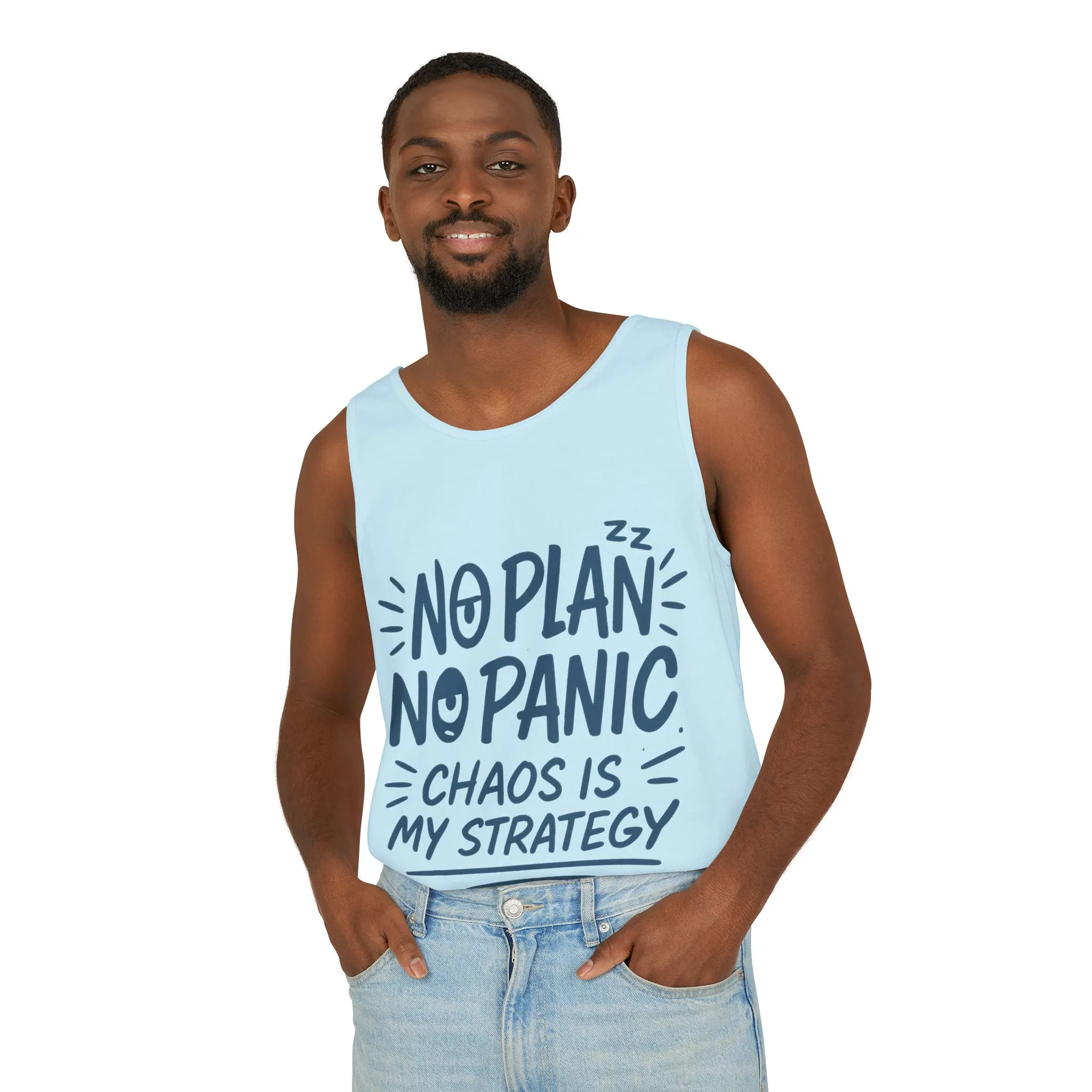 Funny Chaos Quote Mens Tank Top, No Plan No Panic Humor Shirt, Casual Graphic Tee Gift for Him, Relaxed Fit, Workout Gym Humor Shirt - Image 21