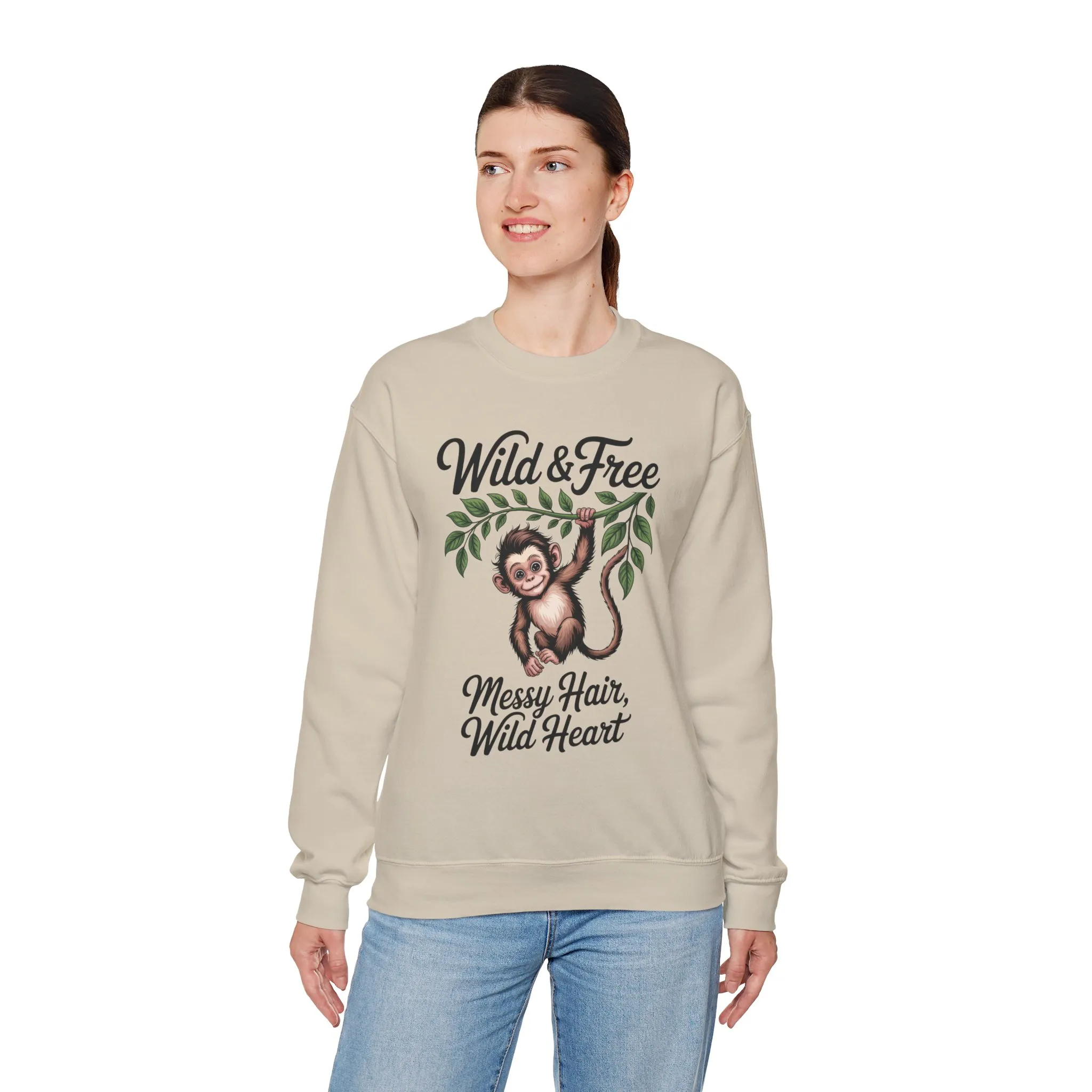 Wild & Free Monkey Sweatshirt, Messy Hair Wild Heart Womens Pullover, Cute Jungle Animal Sweater, Boho Adventure Graphic, Nature Lover Gift - Image 3