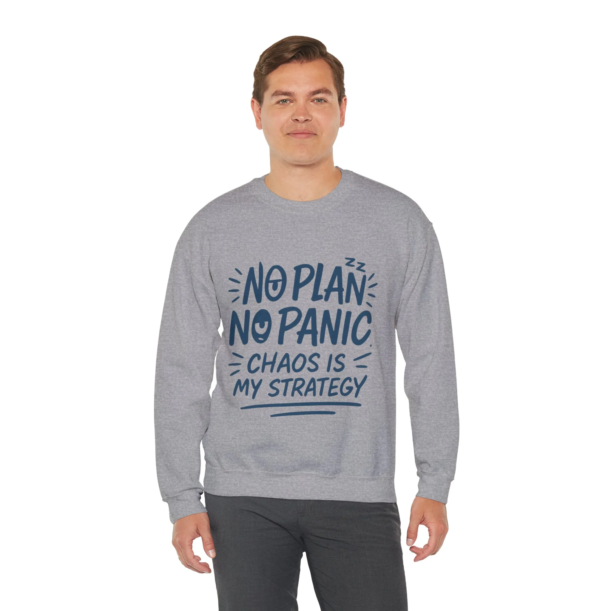 Funny Chaos Strategy Mens Sweatshirt, No Plan No Panic Quote, Cozy Relaxed Fit Pullover, Humorous Gift for Him, Unisex Style - Image 15