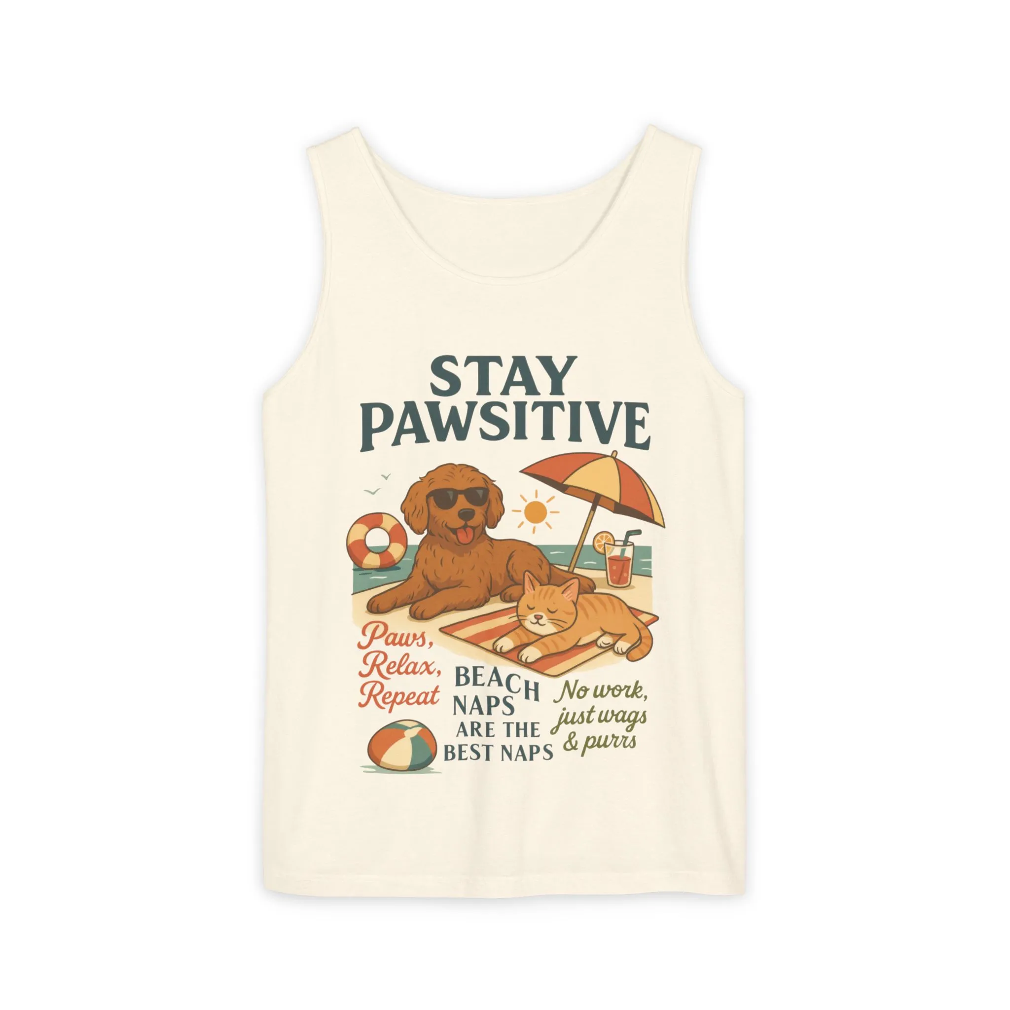 Stay Pawsitive Womens Tank, Cute Dog & Cat Beach Tee, Summer Pet Lover Tee, Animal Graphic Heavy Cotton Tee, Fun Pet Lovers Gift, Summer Top - Image 2