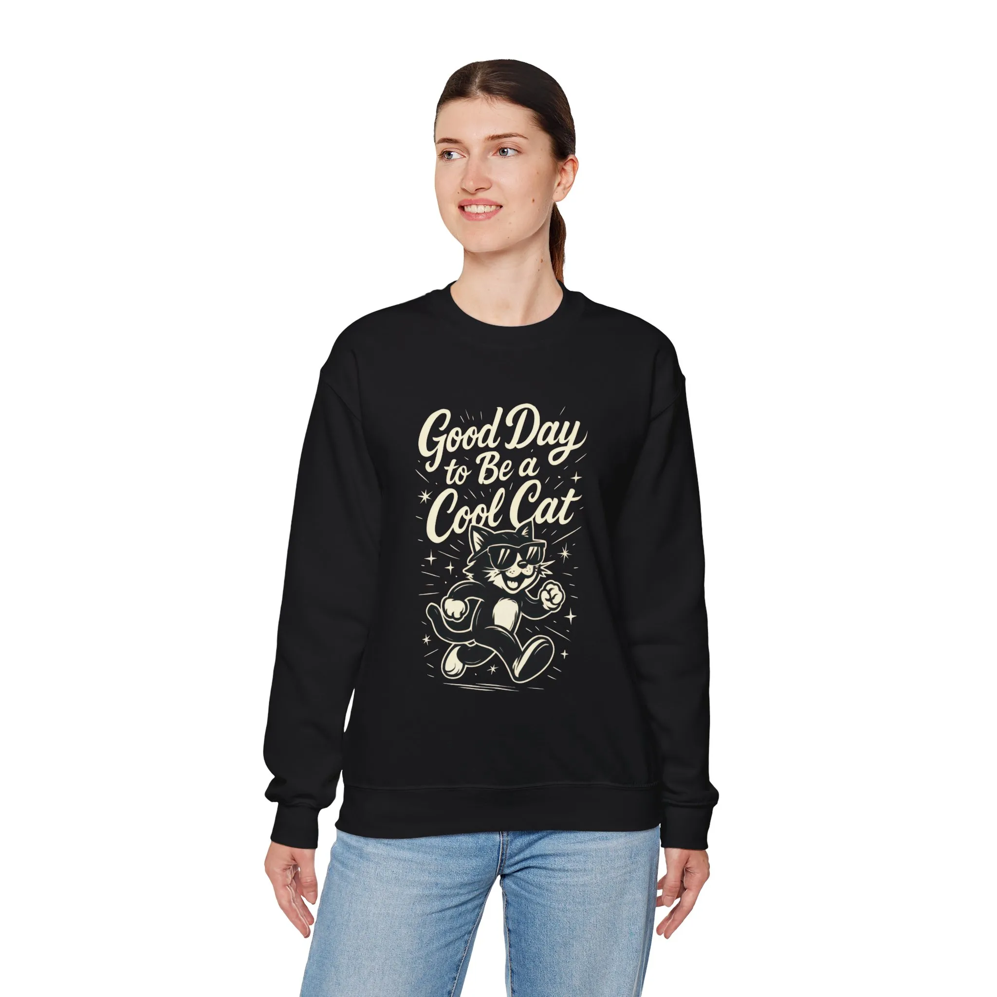 Funny Cool Cat Womens Crewneck Sweatshirt - Good Day to Be a Cool Cat Retro Kitty Pullover - Cute Cat Lover Sweater - Image 6