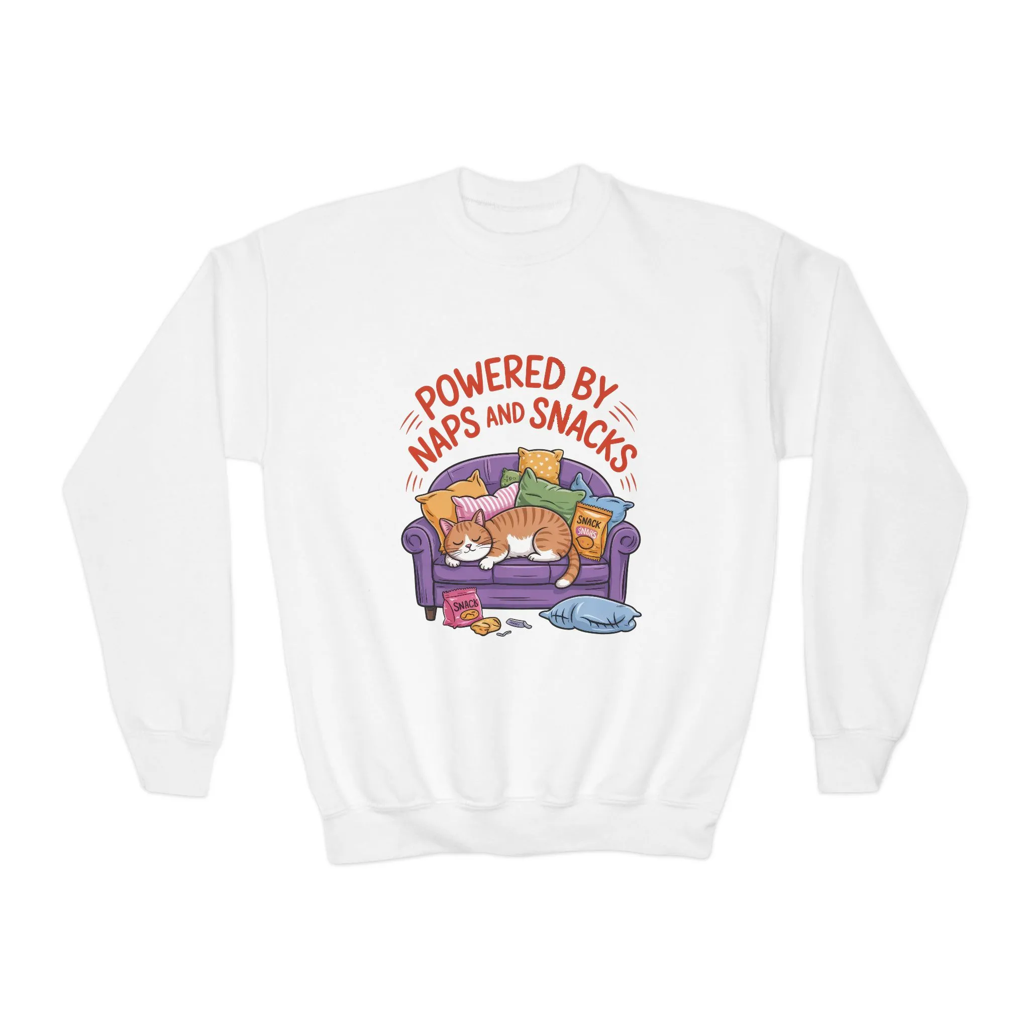 Youth Sweatshirt - Powered by Naps and Snacks, Cozy Apparel for Kids, Perfect for Chill Days, Gift for Cat Lovers, Funny Sweatshirt - Image 3