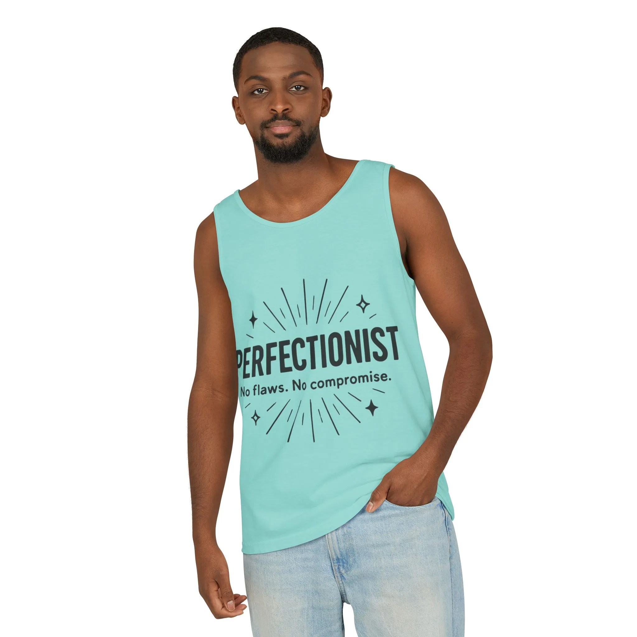 Mens Perfectionist Tank Top, No Flaws No Compromise, Minimal Bold Graphic Tee, Gift for OCD, Clean Freak, or Detail-Oriented Men - Image 6