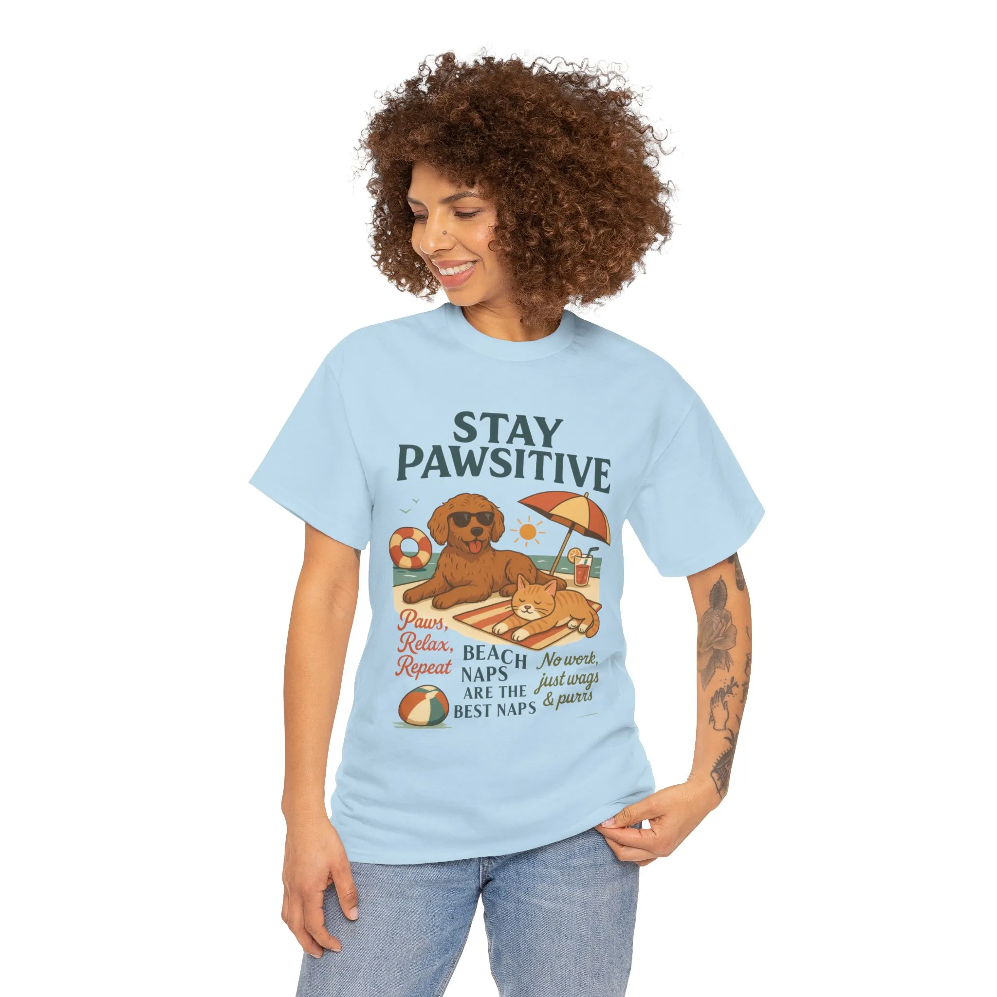 Stay Pawsitive Womens T-Shirt, Cute Dog & Cat Beach Shirt, Summer Pet Lover Tee, Animal Graphic Heavy Cotton Tee, Fun Pet Lovers Gift - Image 3