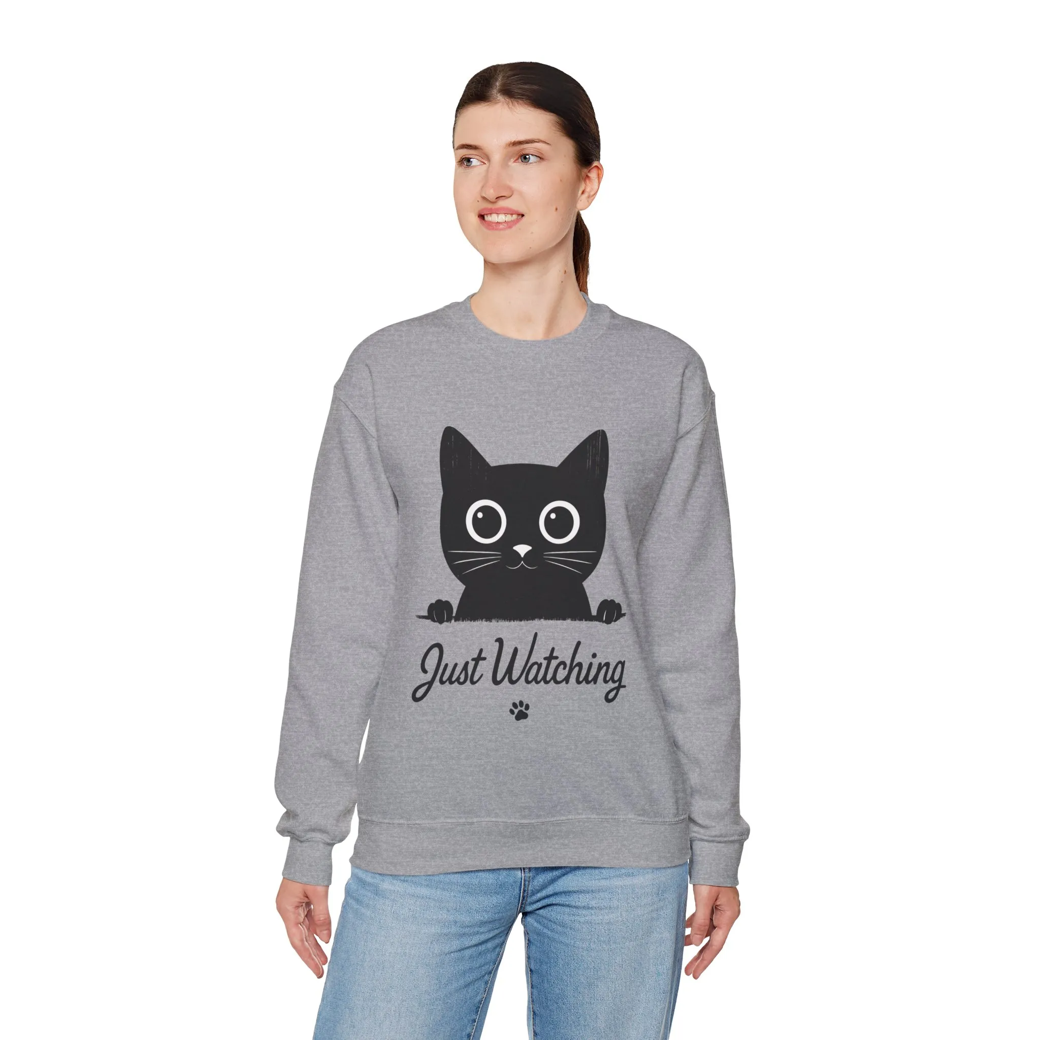 Funny Black Cat Womens Crewneck Sweatshirt - Just Watching Minimalist Kitty Pullover - Cozy Cat Lover Gift, Pet Owner Apparel - Image 6