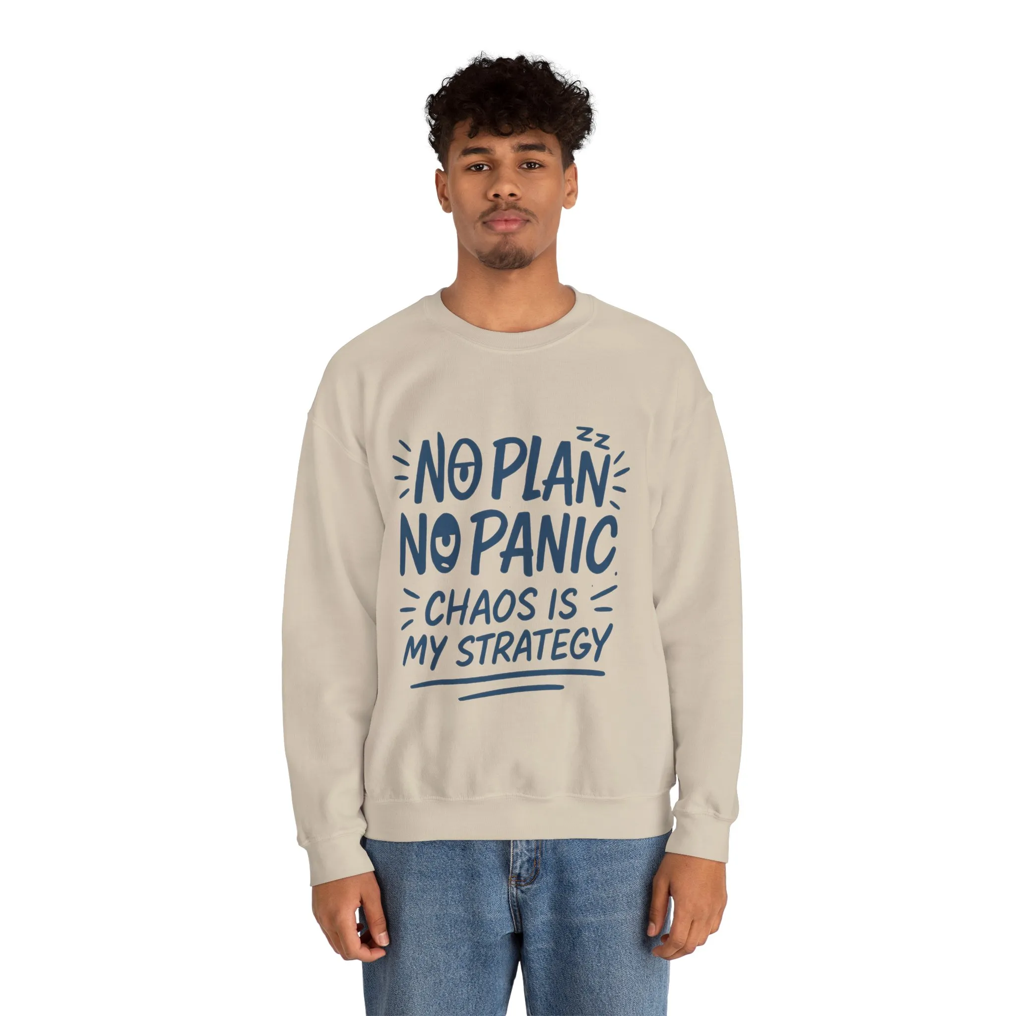 Funny Chaos Strategy Mens Sweatshirt, No Plan No Panic Quote, Cozy Relaxed Fit Pullover, Humorous Gift for Him, Unisex Style - Image 11