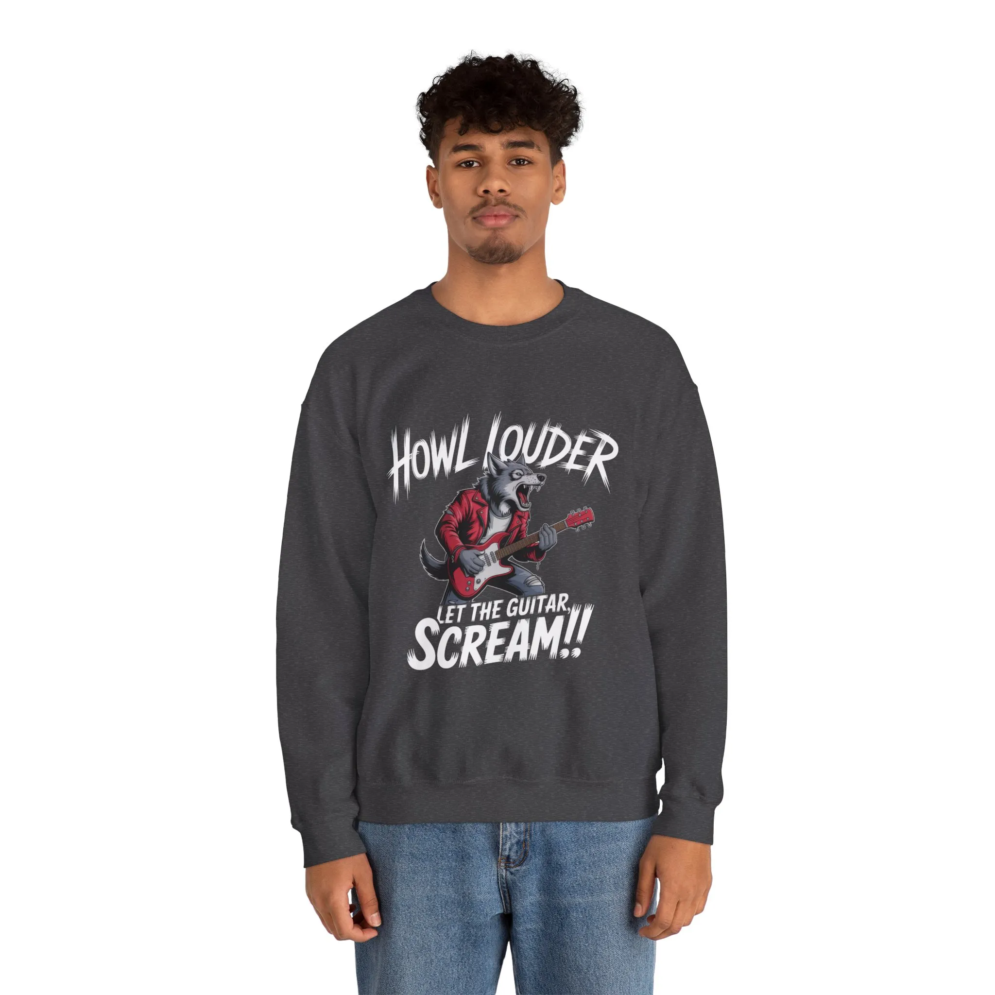 Howl Louder Wolf Sweatshirt, Let The Guitar Scream Pullover, Rock Guitar Animal Hoodie, Rocking Wolf Crewneck Sweatshirt, Music Lover Gift - Image 11