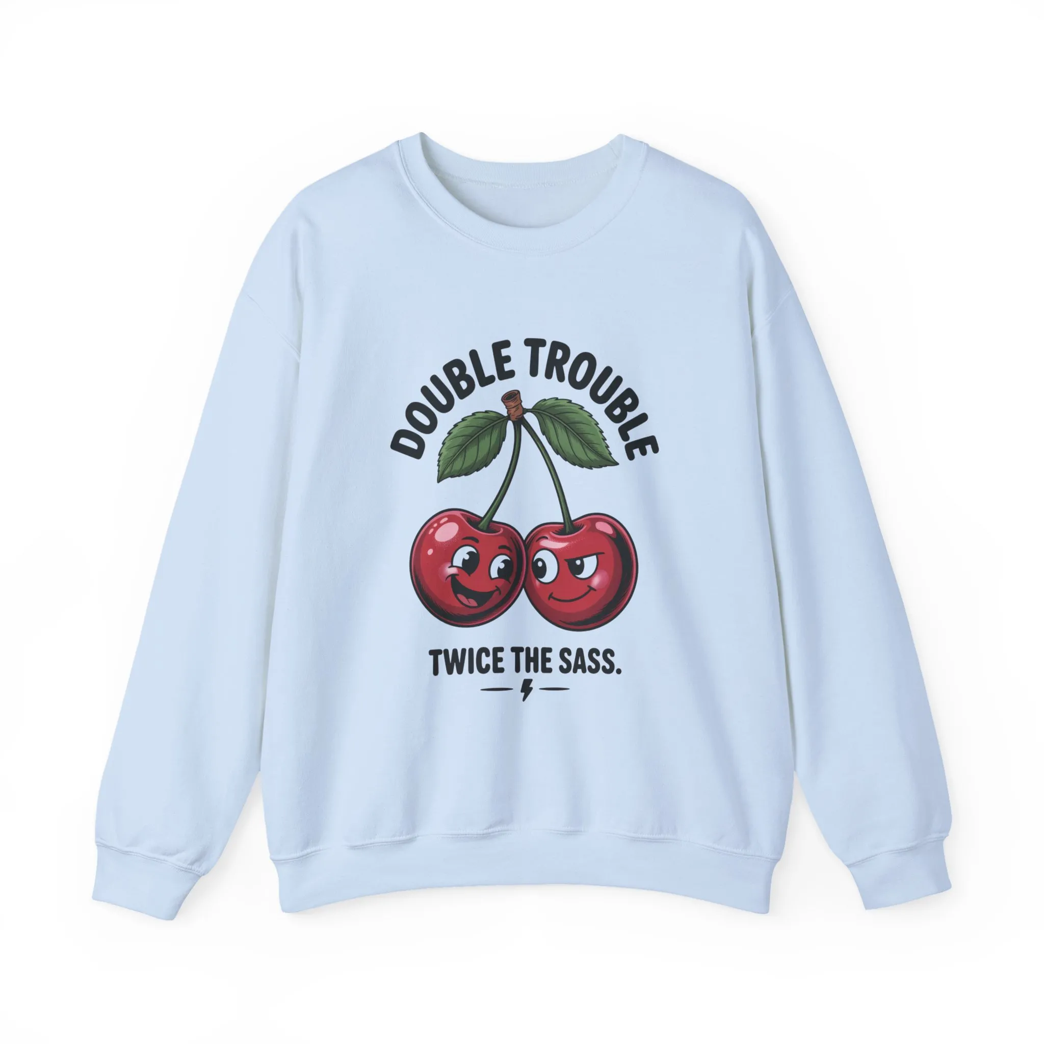 Double Trouble Cherry Sweatshirt, Cute Funny Womens Pullover, Twice The Sass Fruit Graphic Sweater, Playful Red Cherry Crewneck - Image 10