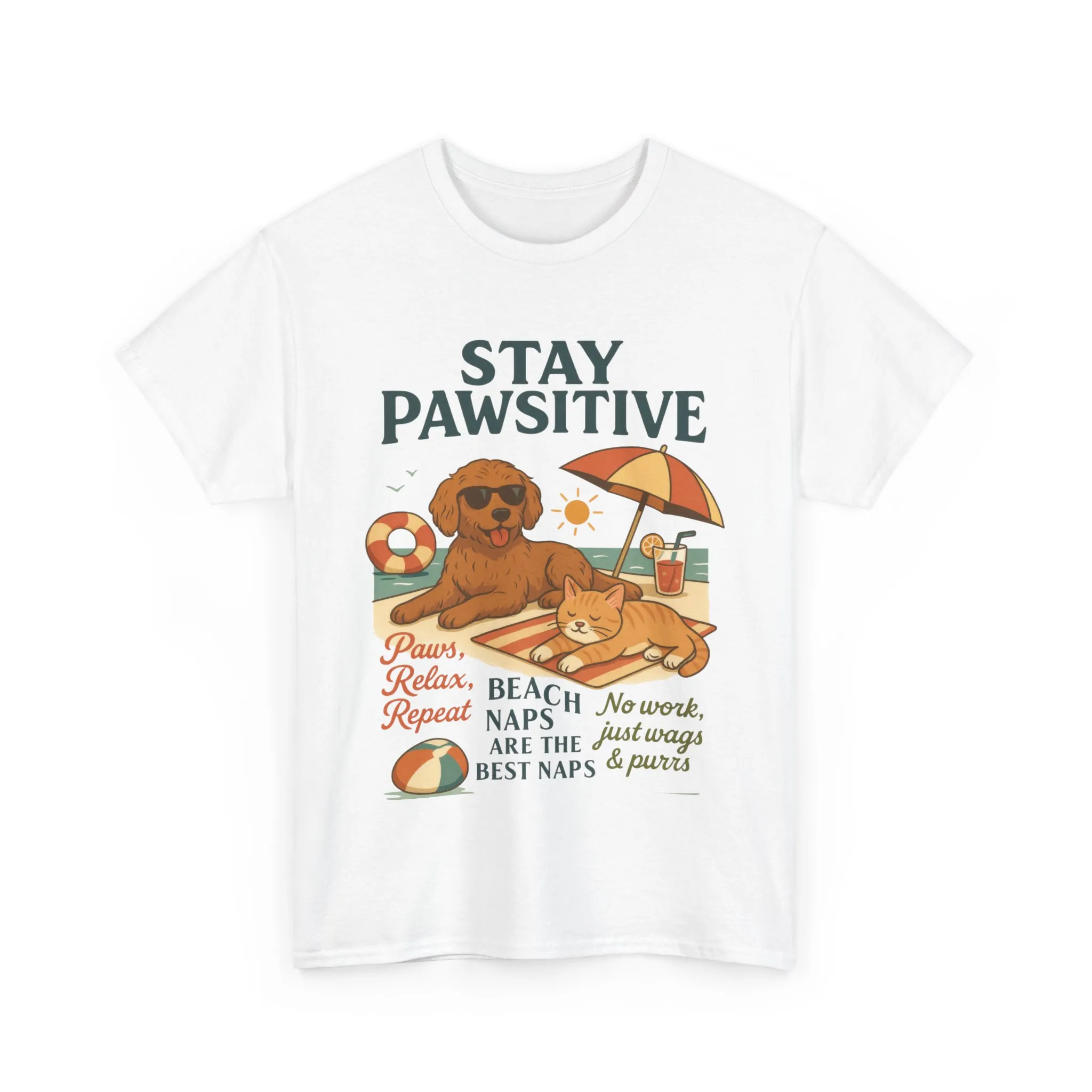 Stay Pawsitive Womens T-Shirt, Cute Dog & Cat Beach Shirt, Summer Pet Lover Tee, Animal Graphic Heavy Cotton Tee, Fun Pet Lovers Gift - Image 4