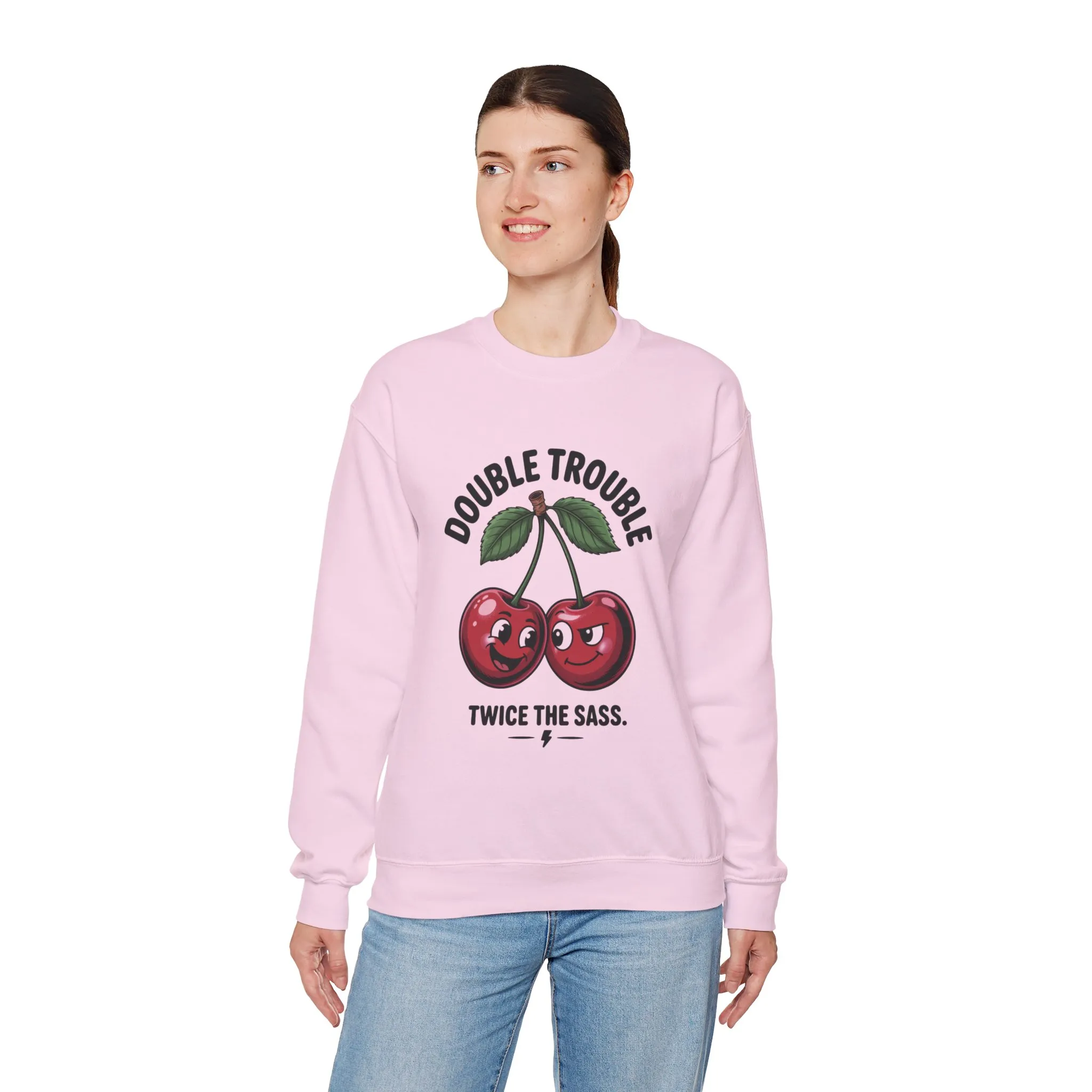 Double Trouble Cherry Sweatshirt, Cute Funny Womens Pullover, Twice The Sass Fruit Graphic Sweater, Playful Red Cherry Crewneck - Image 24