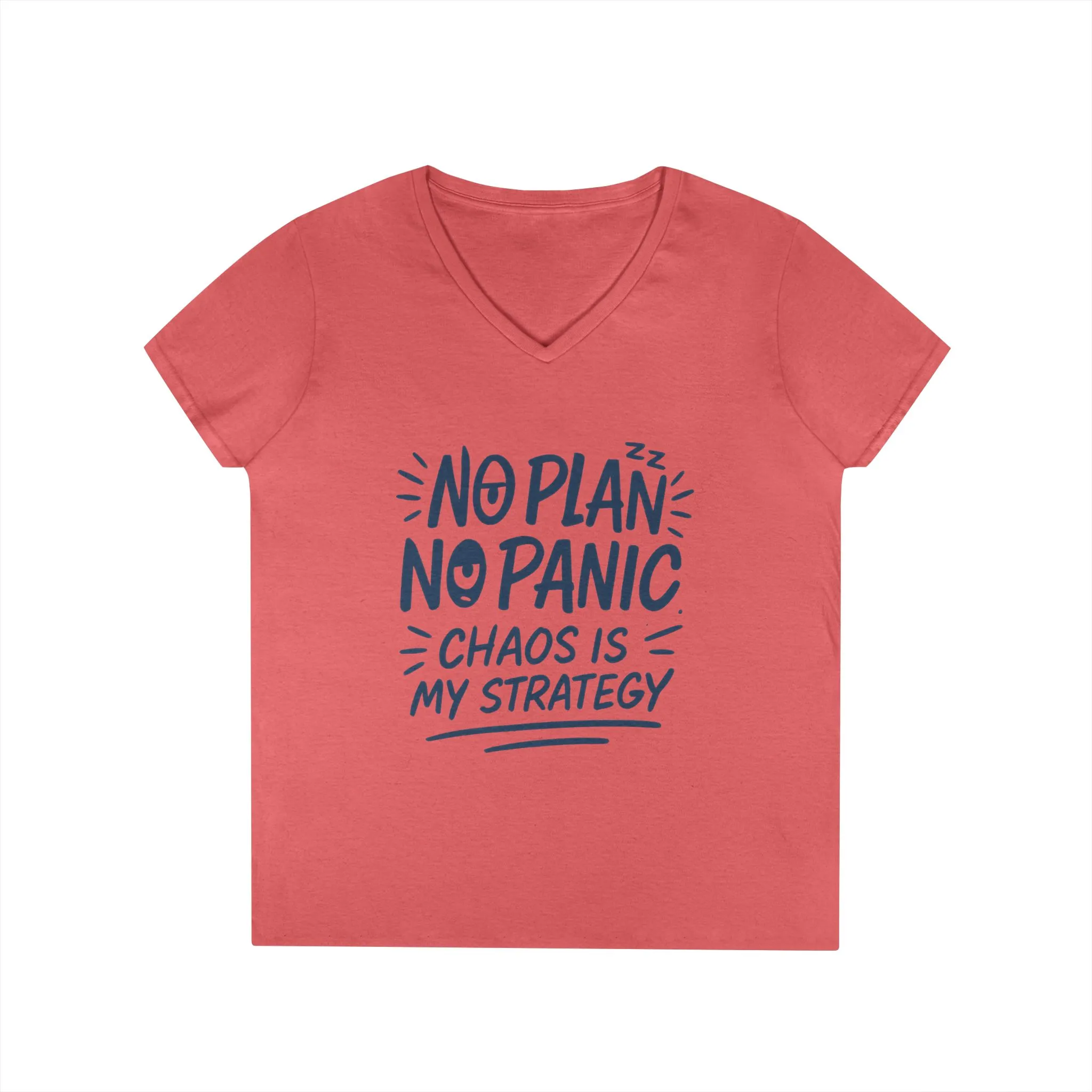 Ladies' V-Neck T-Shirt - "No Plan No Panic" Casual Tee, Everyday Wear, Gift for Friends, Relaxed Style, Funny Motivational Top - Image 2