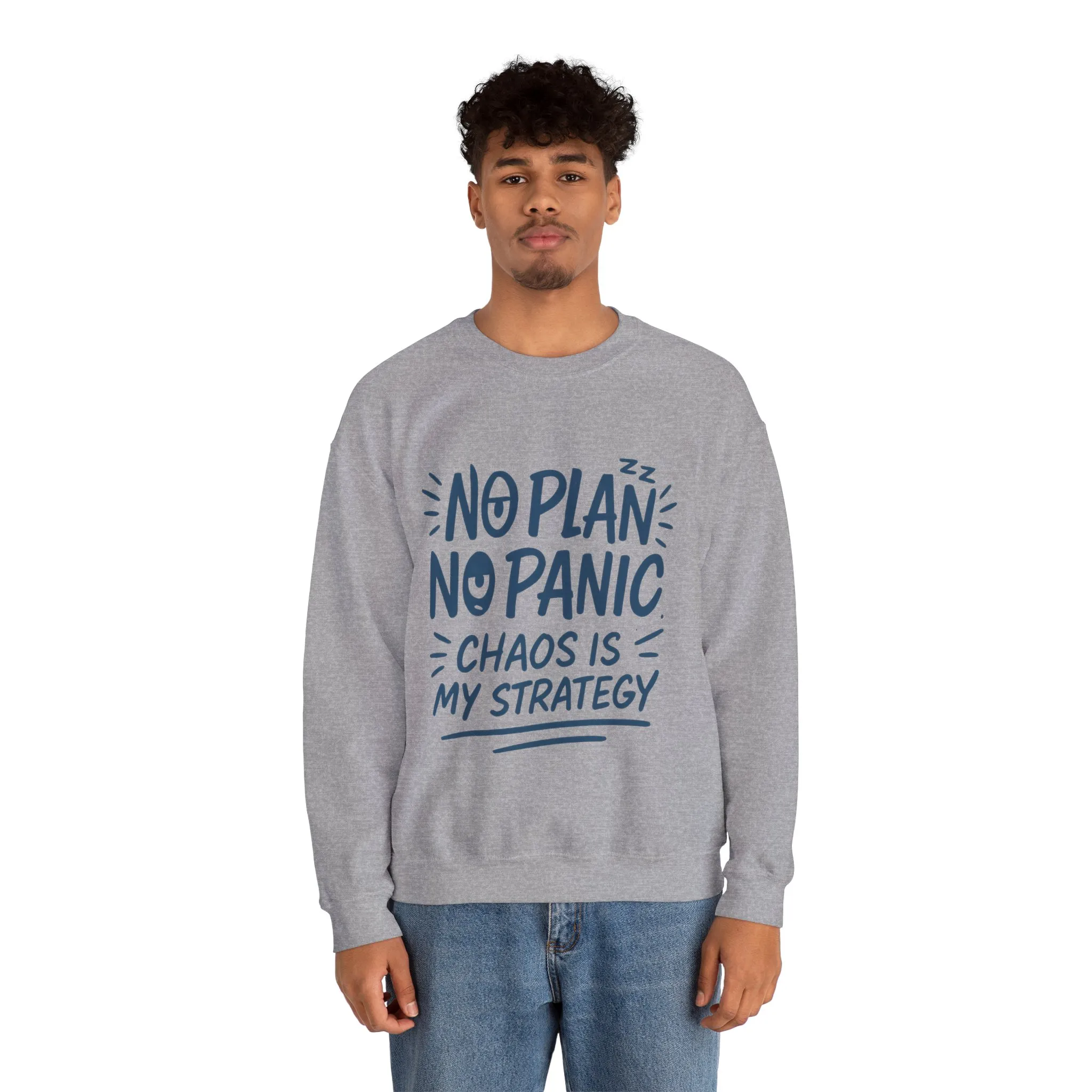 Funny Chaos Strategy Mens Sweatshirt, No Plan No Panic Quote, Cozy Relaxed Fit Pullover, Humorous Gift for Him, Unisex Style - Image 14