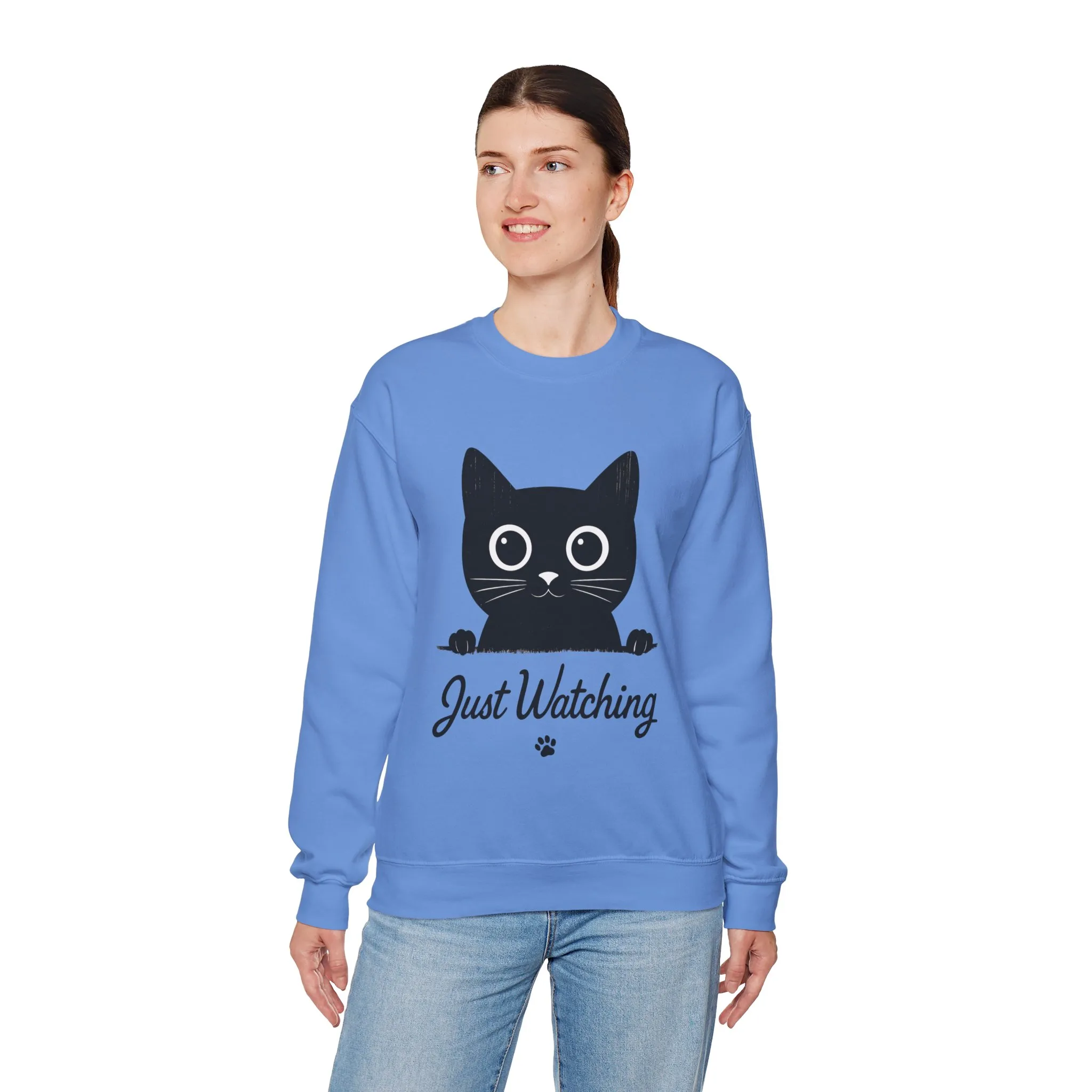 Funny Black Cat Womens Crewneck Sweatshirt - Just Watching Minimalist Kitty Pullover - Cozy Cat Lover Gift, Pet Owner Apparel - Image 15