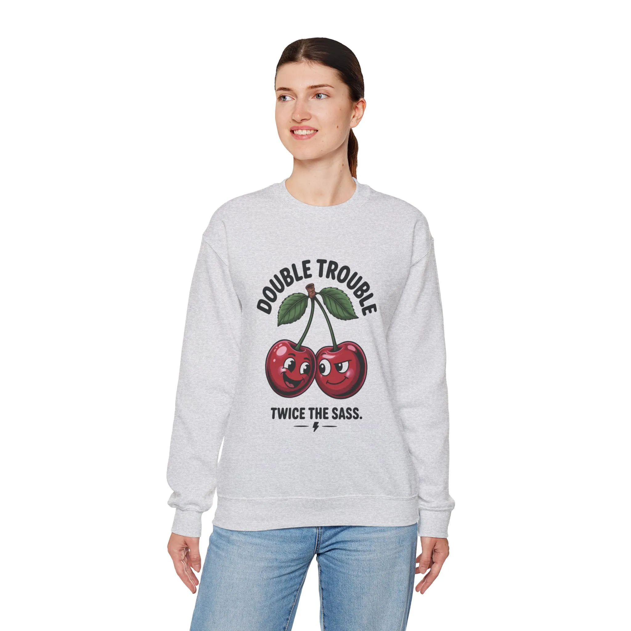 Double Trouble Cherry Sweatshirt, Cute Funny Womens Pullover, Twice The Sass Fruit Graphic Sweater, Playful Red Cherry Crewneck - Image 6