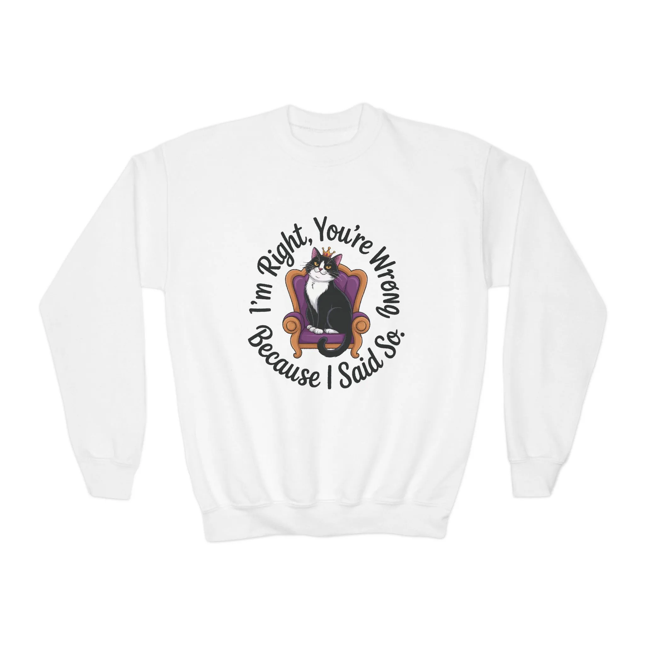 Youth Crewneck Sweatshirt, Funny Cat Sweatshirt for Girls, Im Right Youre Wrong, Tween Girl Attitude Pullover, Cute Gift for Cat Lovers - Image 2