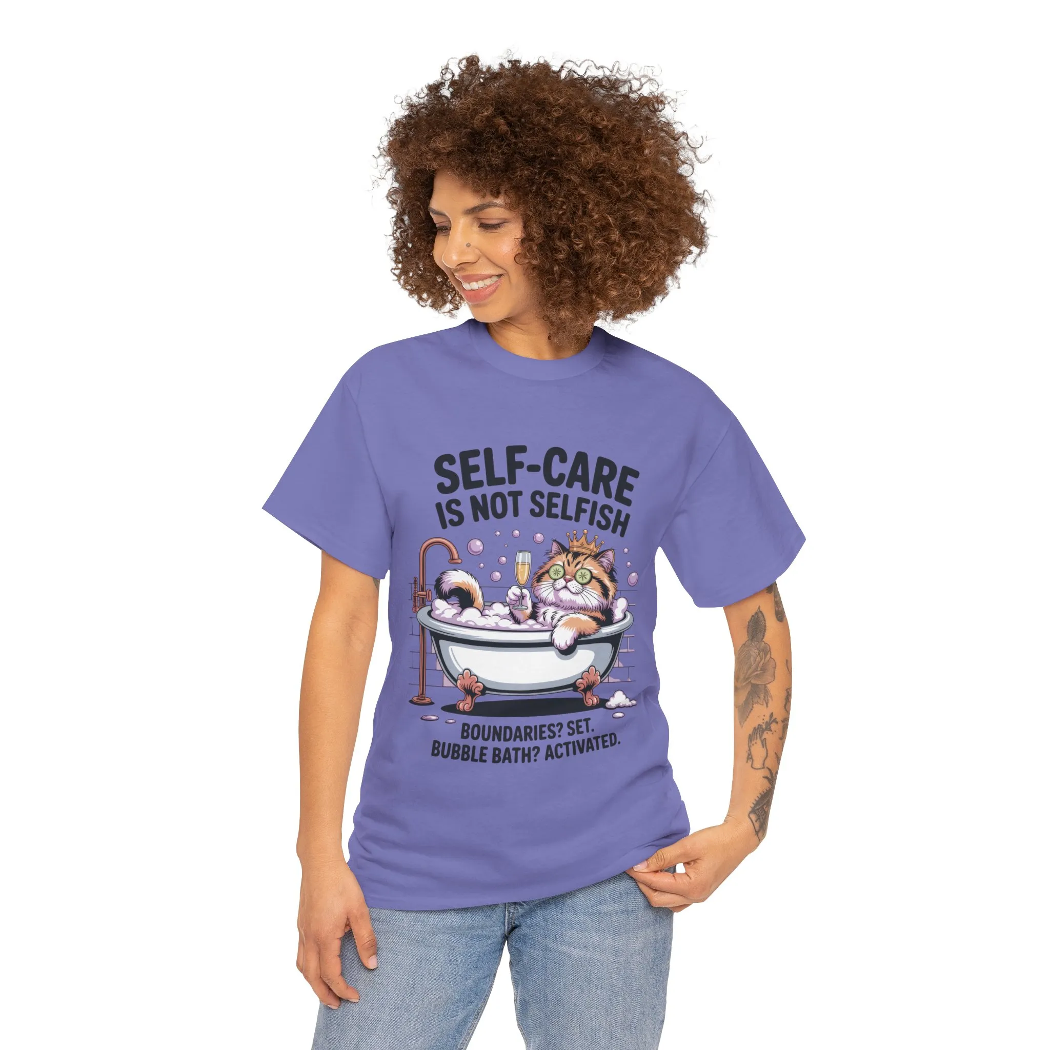 Womens Heavy Cotton Tee, Self-Care Cat Shirt, Funny Cat Bubble Bath Tee, Relaxing Kitty Graphic, Self Care Is Not Selfish Womens T-Shirt - Image 23