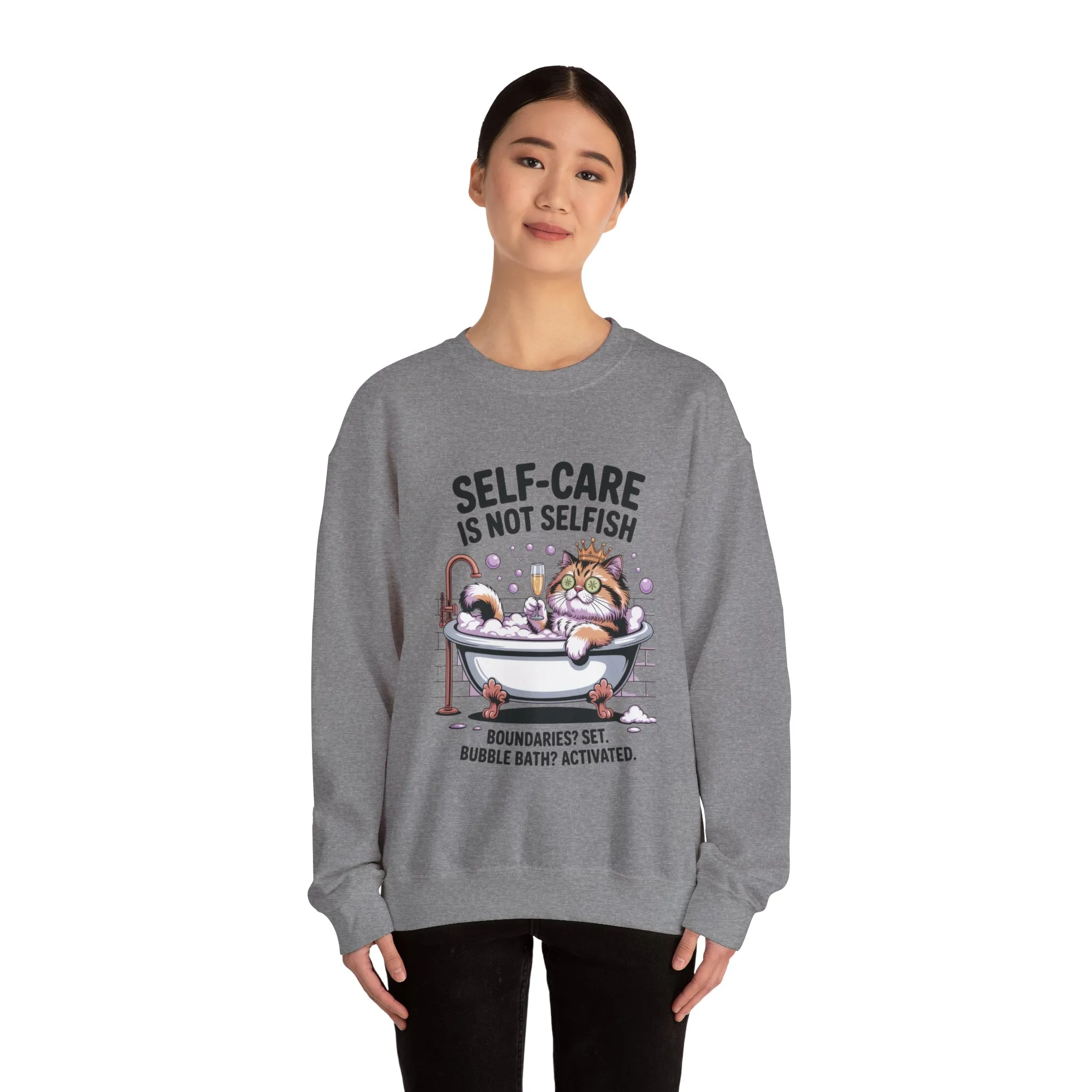 Womens Crewneck Sweatshirt, Self-Care Cat Shirt, Funny Cat Tee, Relaxing Kitty Graphic, Self Care Is Not Selfish Womens Sweatshirt - Image 11