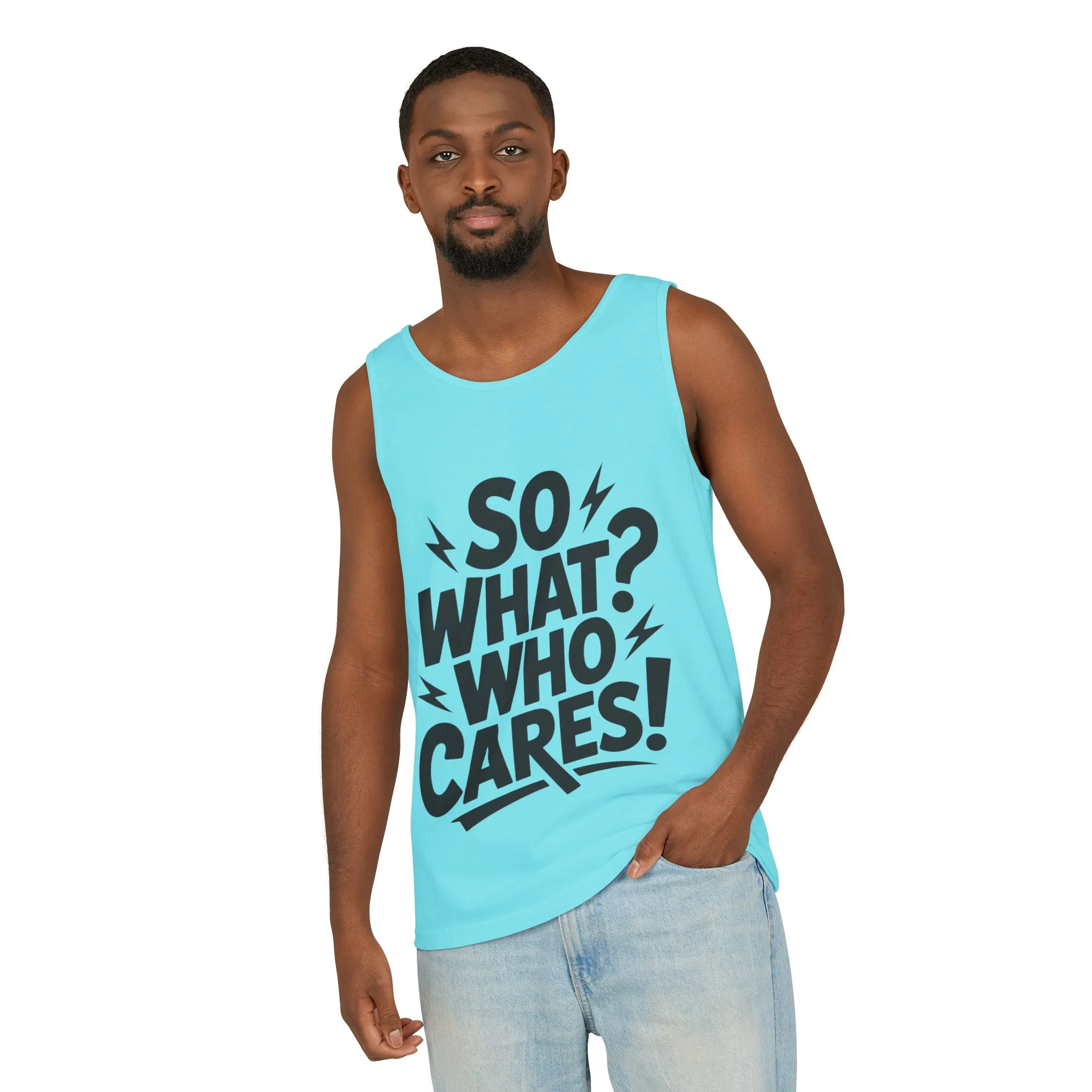 Mens Tank Top, "So What? Who Cares!", Casual Summer Wear, Beach Trip, Festival Outfit, Lightning Print, Sarcastic Summer Tee, Gym Tank - Image 35