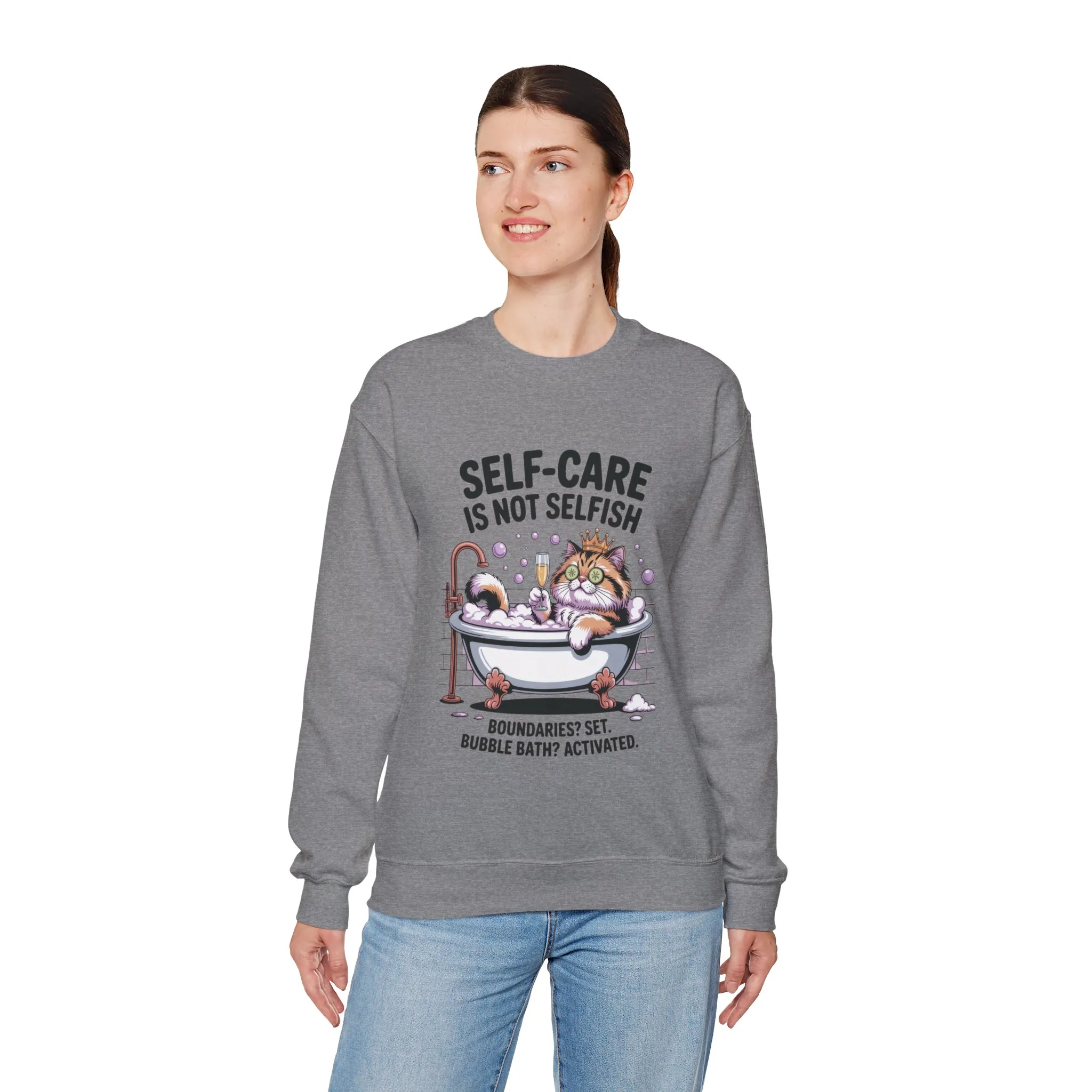 Womens Crewneck Sweatshirt, Self-Care Cat Shirt, Funny Cat Tee, Relaxing Kitty Graphic, Self Care Is Not Selfish Womens Sweatshirt - Image 12