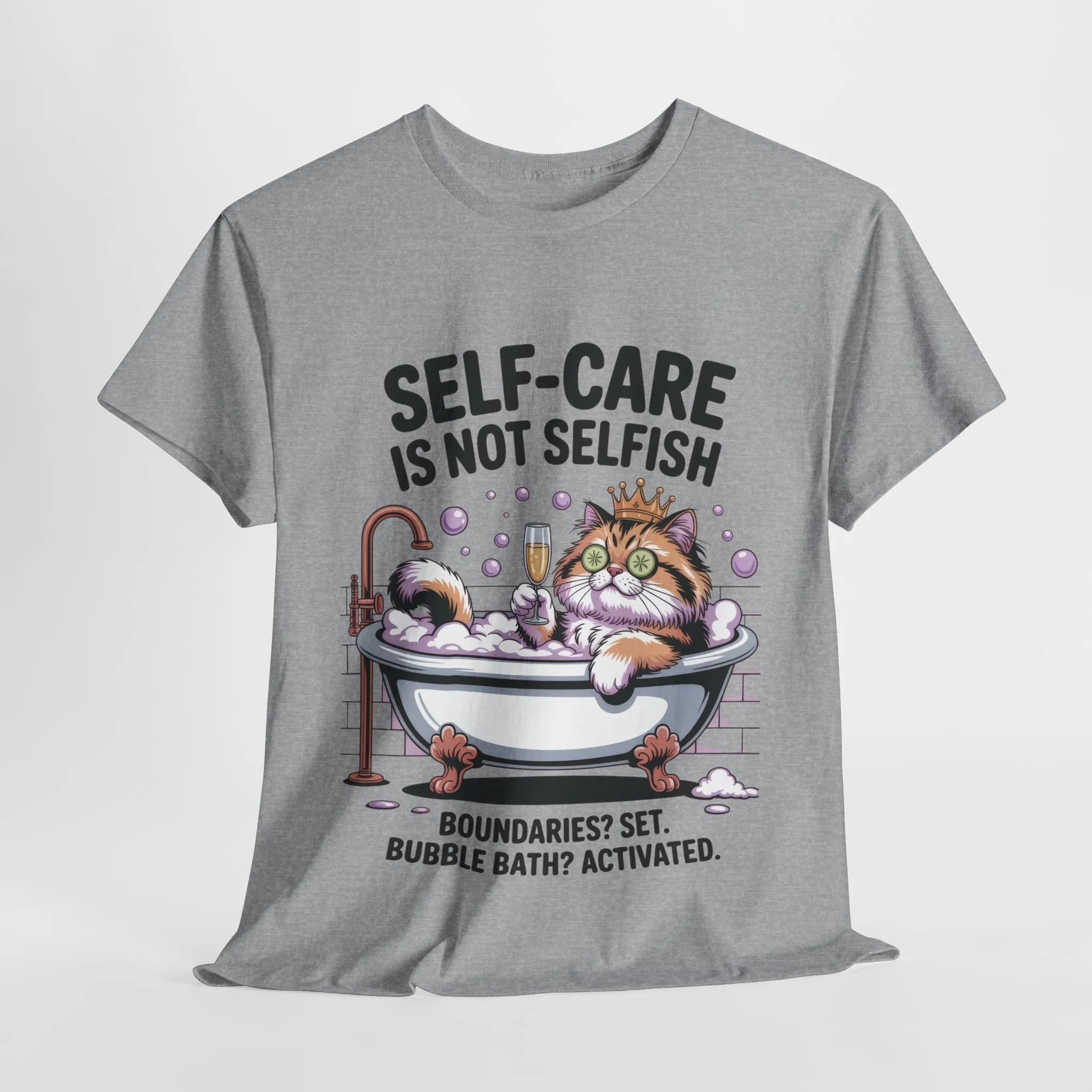 Womens Heavy Cotton Tee, Self-Care Cat Shirt, Funny Cat Bubble Bath Tee, Relaxing Kitty Graphic, Self Care Is Not Selfish Womens T-Shirt - Image 10