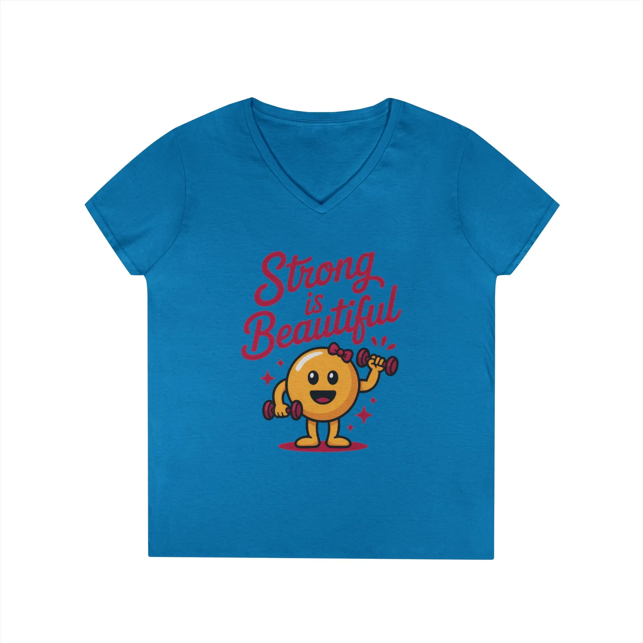 Ladies' V-Neck T-Shirt, Strong is Beautiful Womens Tee, Cute Fitness Character Tee, Inspirational Workout Shirt, Gym Motivation Gift for Her - Image 2