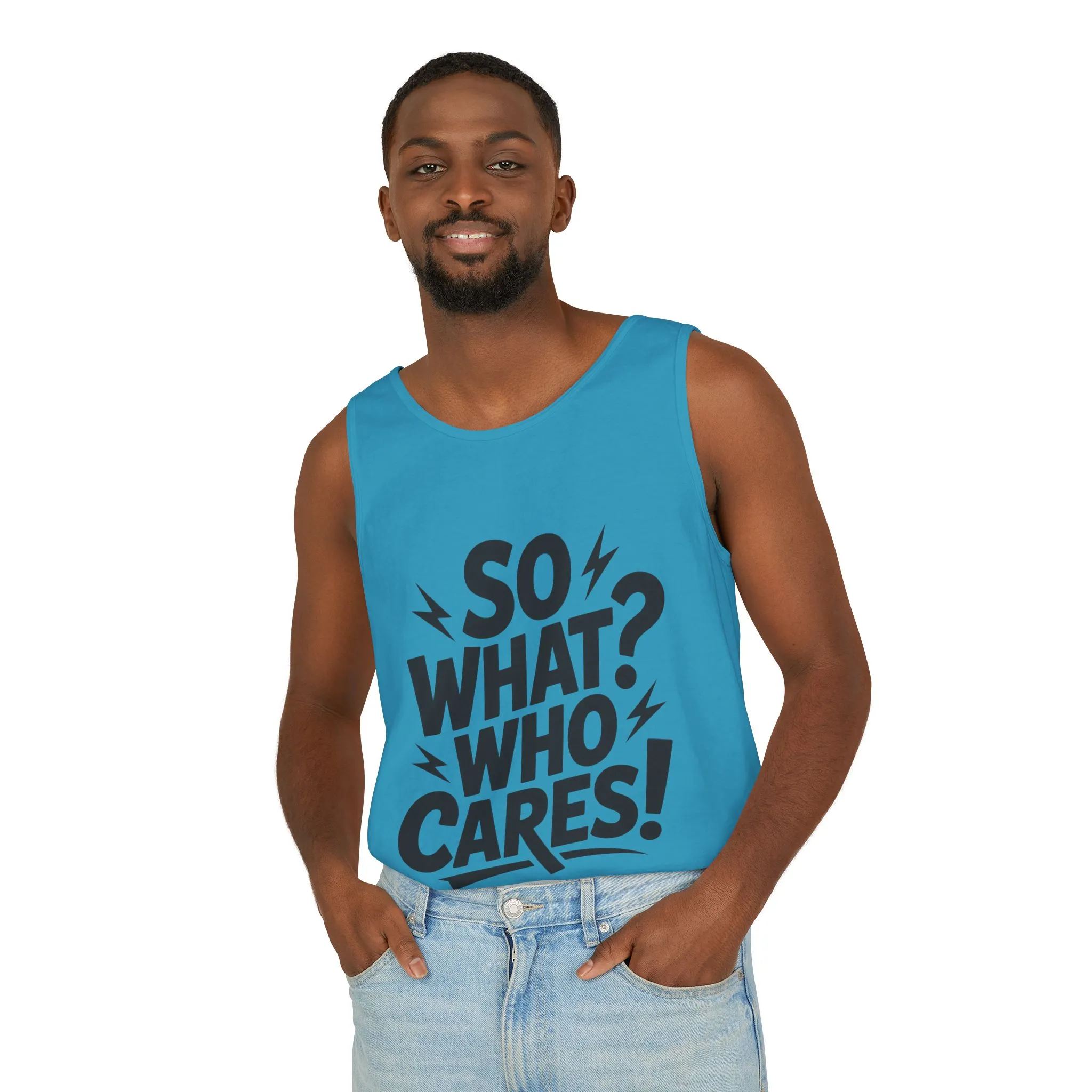 Mens Tank Top, "So What? Who Cares!", Casual Summer Wear, Beach Trip, Festival Outfit, Lightning Print, Sarcastic Summer Tee, Gym Tank - Image 15