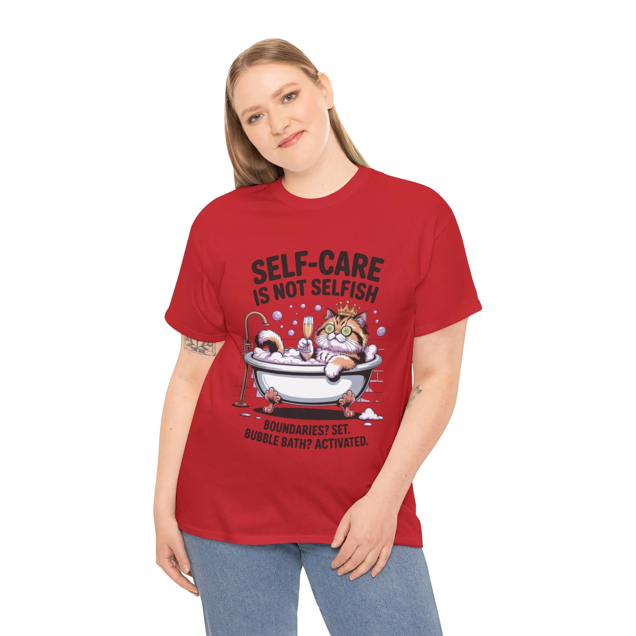 Womens Heavy Cotton Tee, Self-Care Cat Shirt, Funny Cat Bubble Bath Tee, Relaxing Kitty Graphic, Self Care Is Not Selfish Womens T-Shirt - Image 30