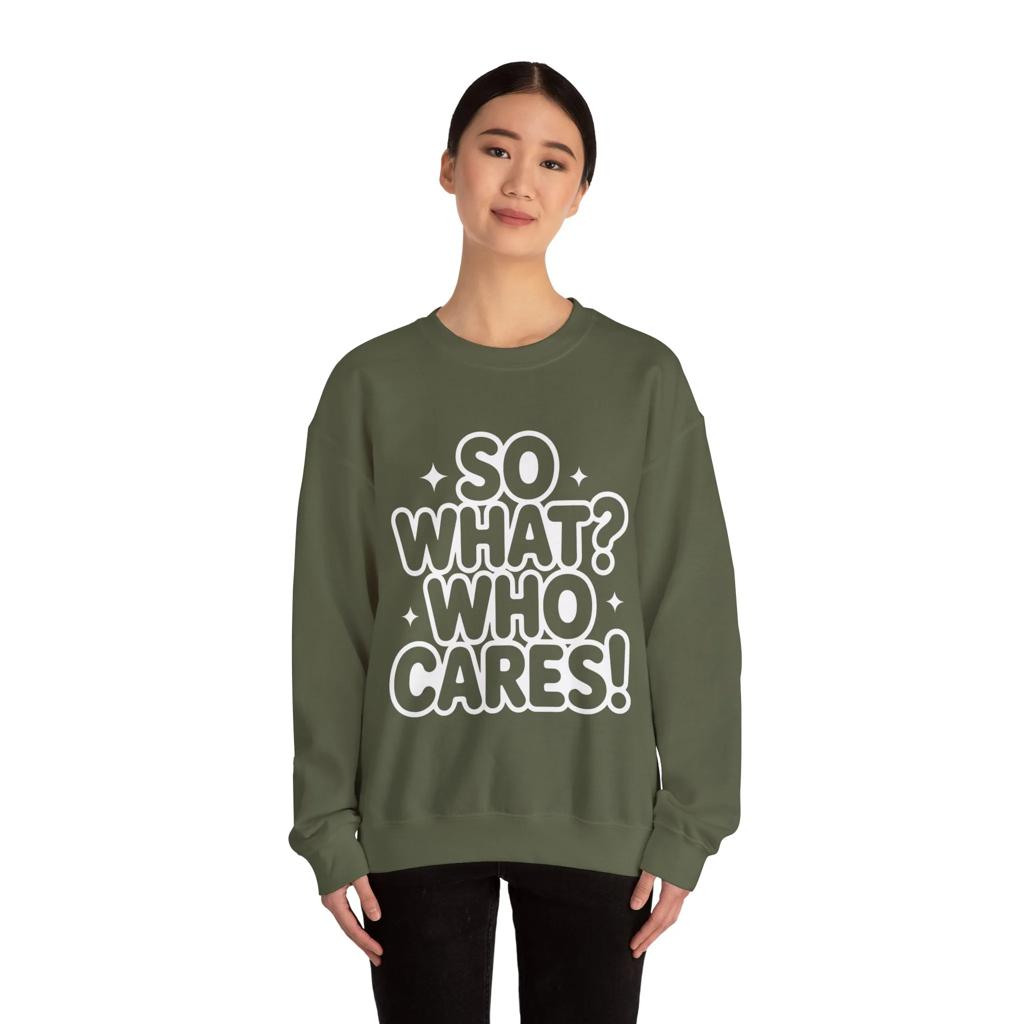Trendy Womens Crewneck Sweatshirt with 'So What? Who Cares!' Print, Funny Typography Sweater, Sassy Graphic Sweater for Women - Image 29