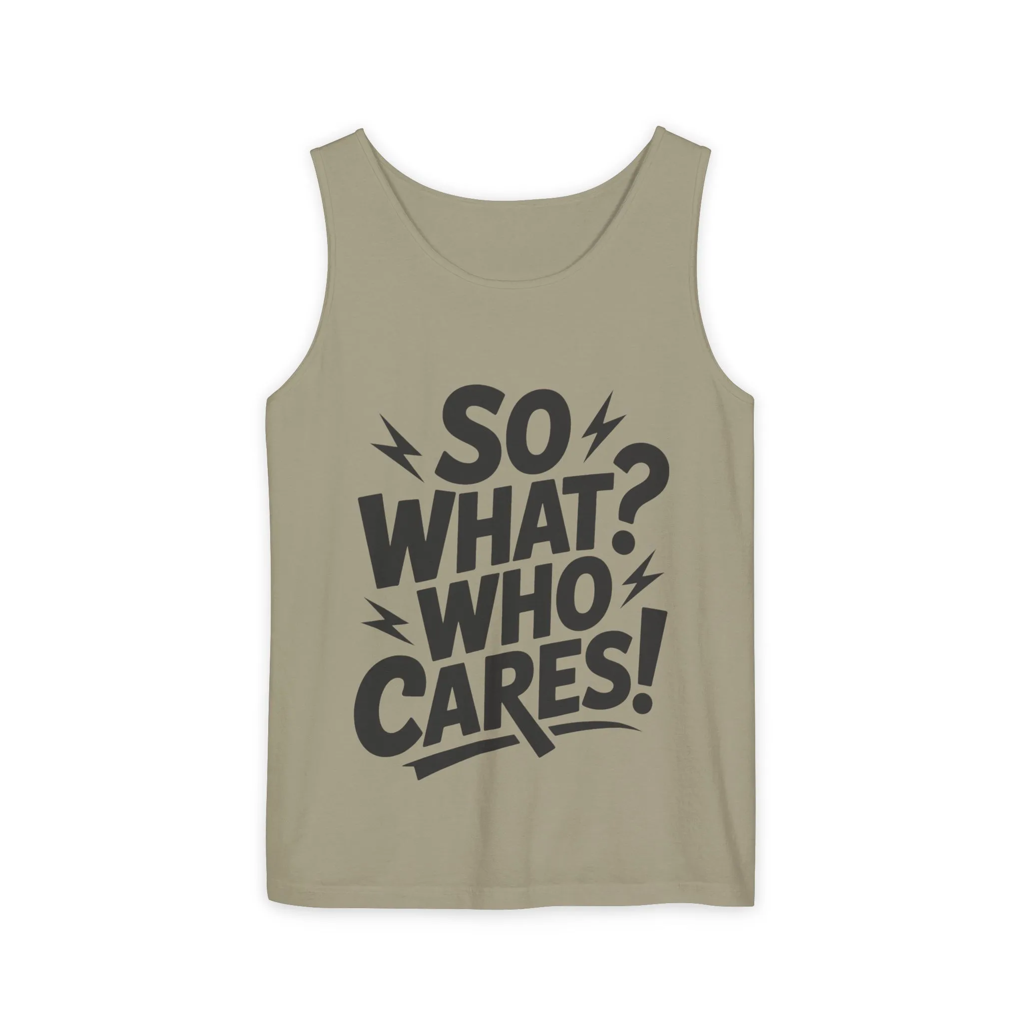Mens Tank Top, "So What? Who Cares!", Casual Summer Wear, Beach Trip, Festival Outfit, Lightning Print, Sarcastic Summer Tee, Gym Tank - Image 2