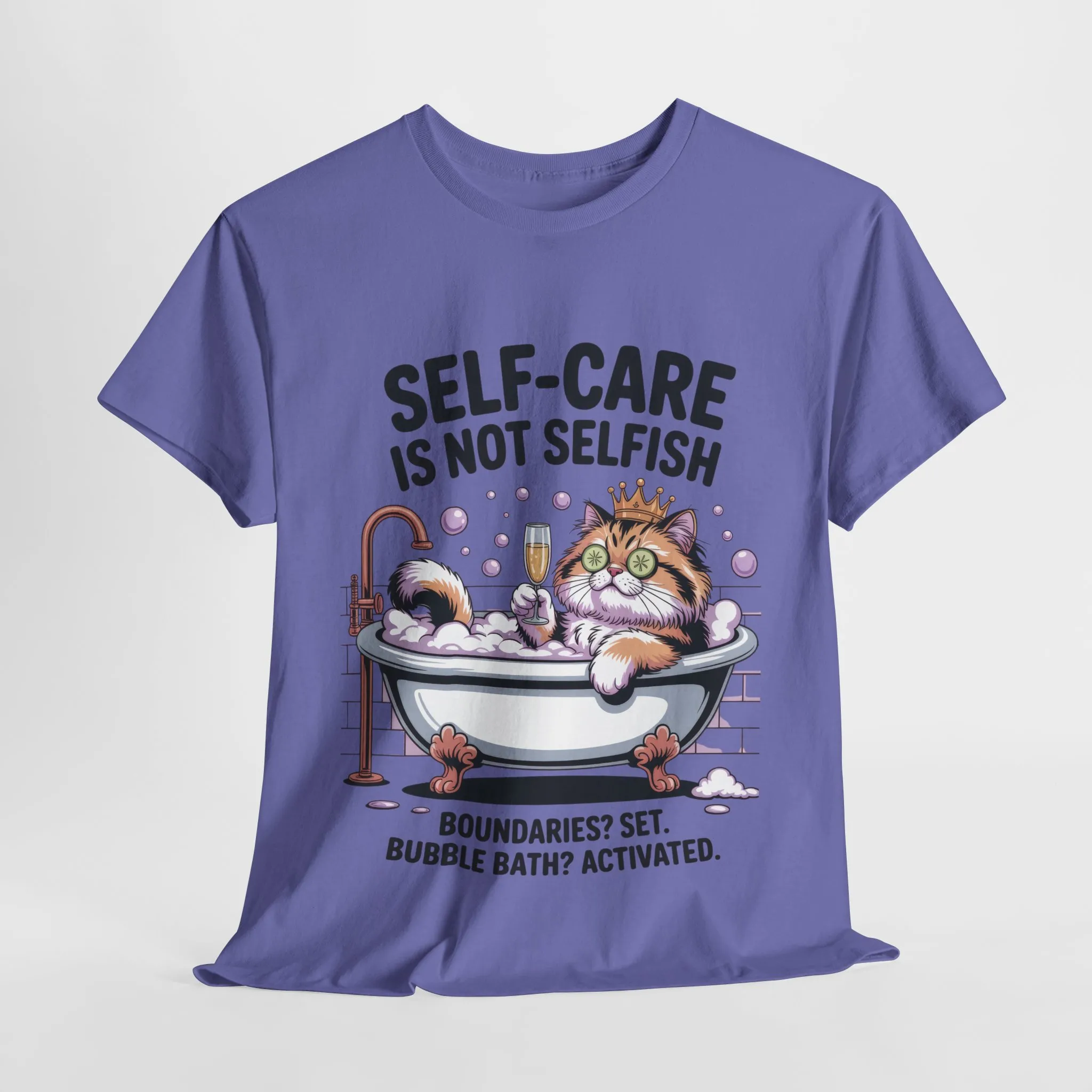 Womens Heavy Cotton Tee, Self-Care Cat Shirt, Funny Cat Bubble Bath Tee, Relaxing Kitty Graphic, Self Care Is Not Selfish Womens T-Shirt - Image 22