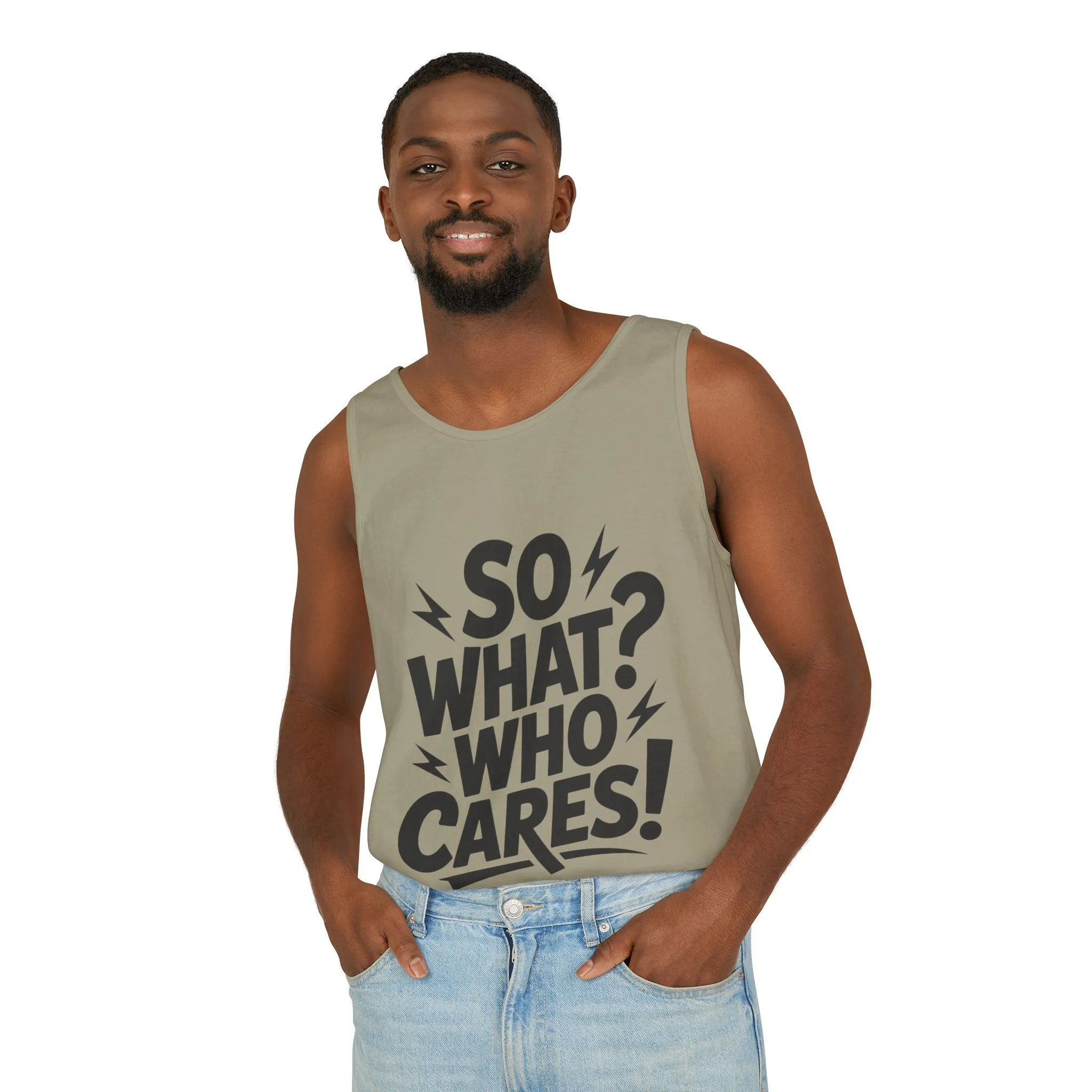 Mens Tank Top, "So What? Who Cares!", Casual Summer Wear, Beach Trip, Festival Outfit, Lightning Print, Sarcastic Summer Tee, Gym Tank - Image 3