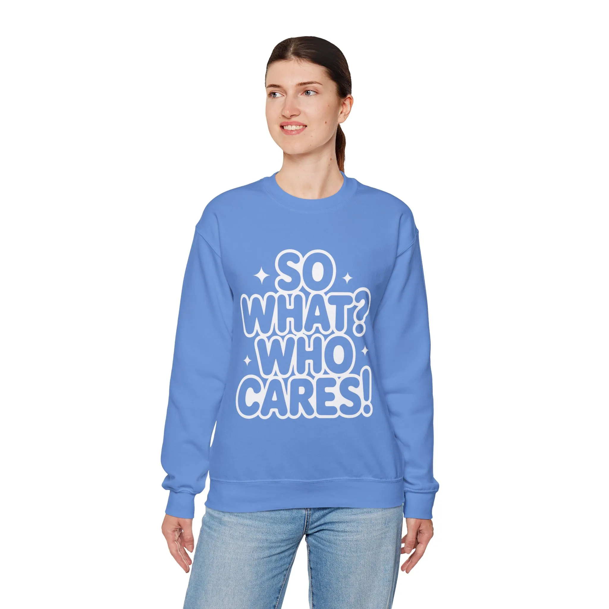 Trendy Womens Crewneck Sweatshirt with 'So What? Who Cares!' Print, Funny Typography Sweater, Sassy Graphic Sweater for Women - Image 12