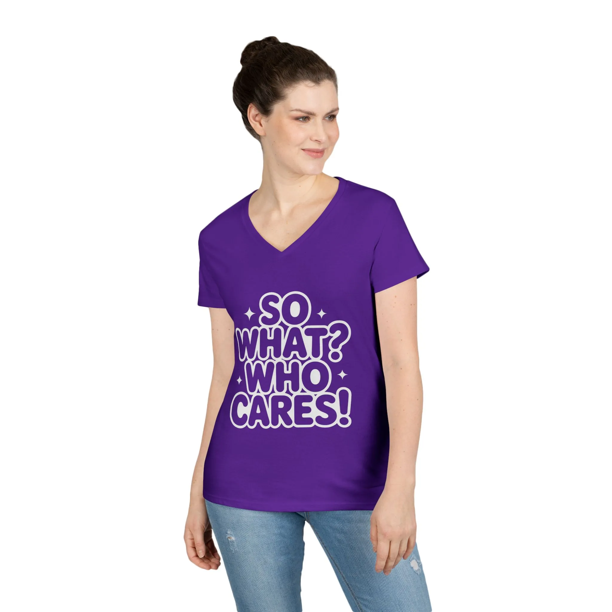 Ladies' V-Neck T-Shirt with 'So What? Who Cares!' Print, Casual Wear for Confident Souls, Funny Typography Shirt, Womens Sassy Graphic Tee - Image 24