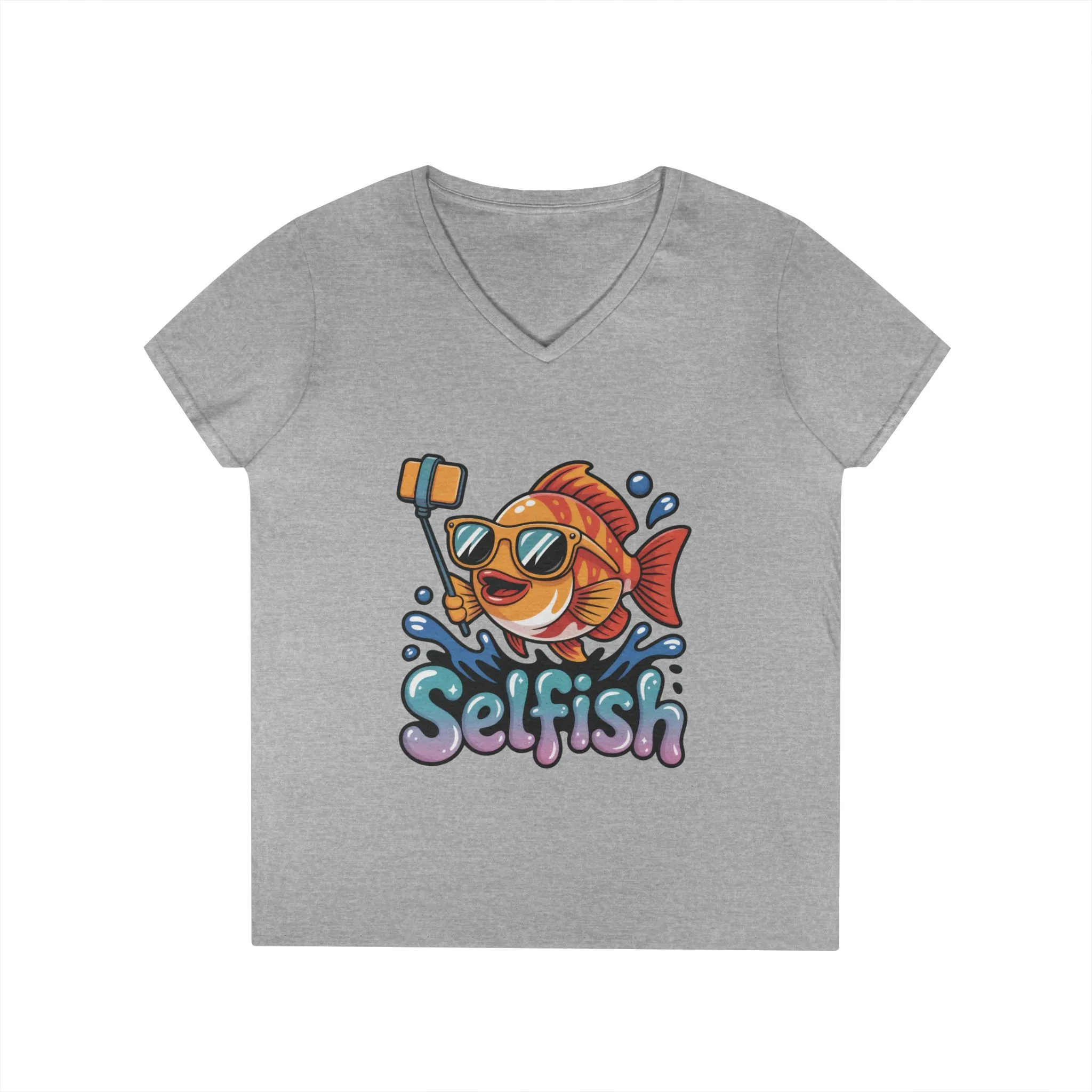 Ladies' V-Neck T-Shirt, Funny Selfie Fish Graphic Womens Tee, Playful Pun Gift for Her, Summer Vibes, Unique Beach Shirt, Outdoor Adventures - Image 9