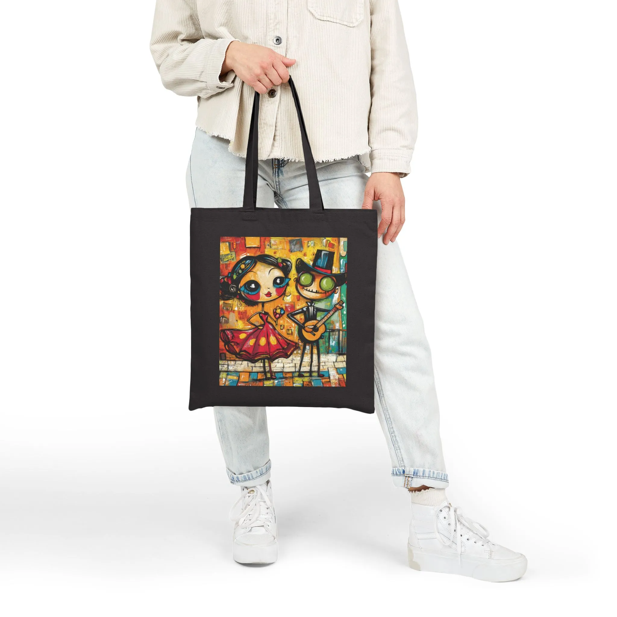 Colorful Cartoon Art Tote Bag, Quirky Gothic Skeleton and Flamenco Girl Illustration, Cotton Canvas Shopping Bag, Funky Day of the Dead Gift - Image 10