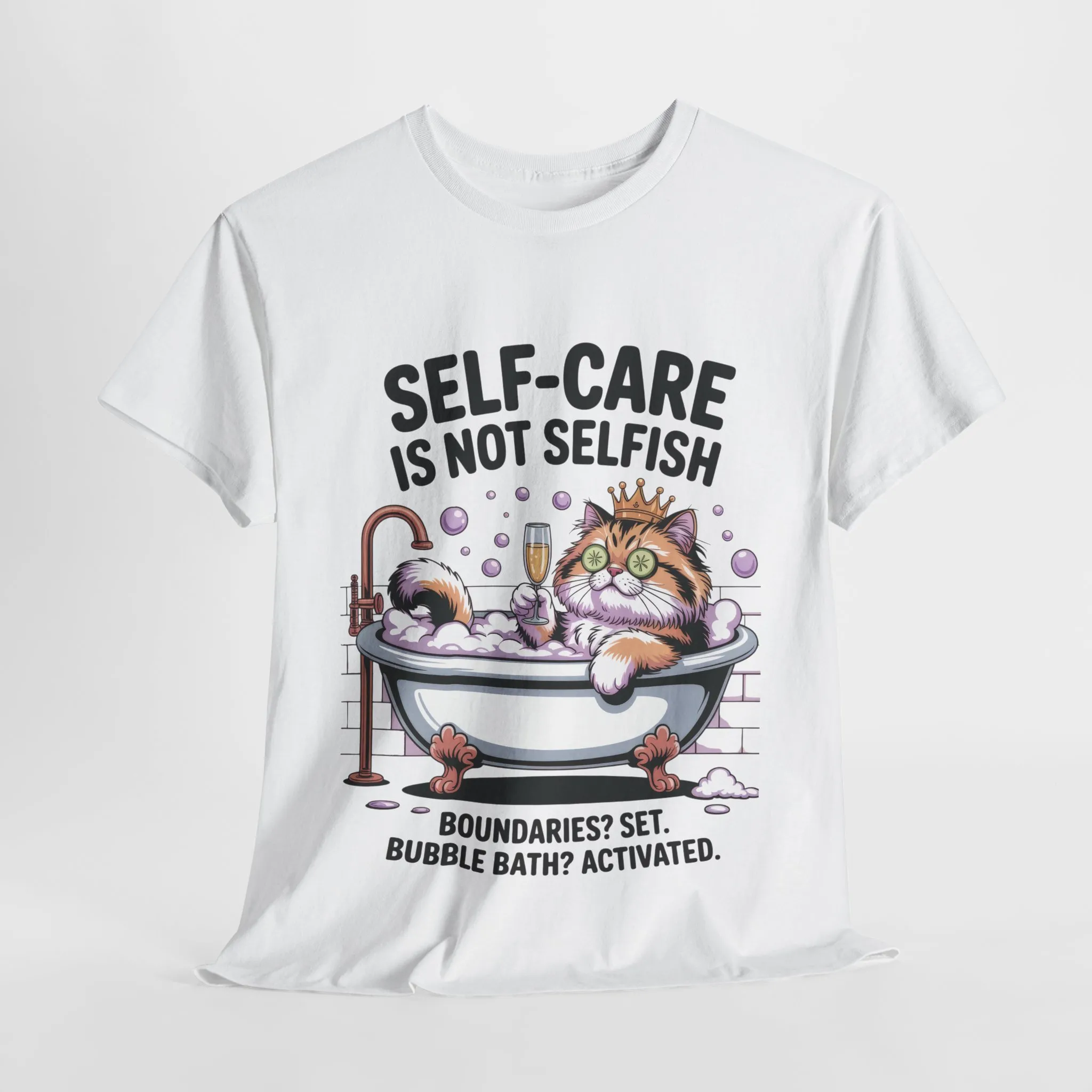 Womens Heavy Cotton Tee, Self-Care Cat Shirt, Funny Cat Bubble Bath Tee, Relaxing Kitty Graphic, Self Care Is Not Selfish Womens T-Shirt - Image 4