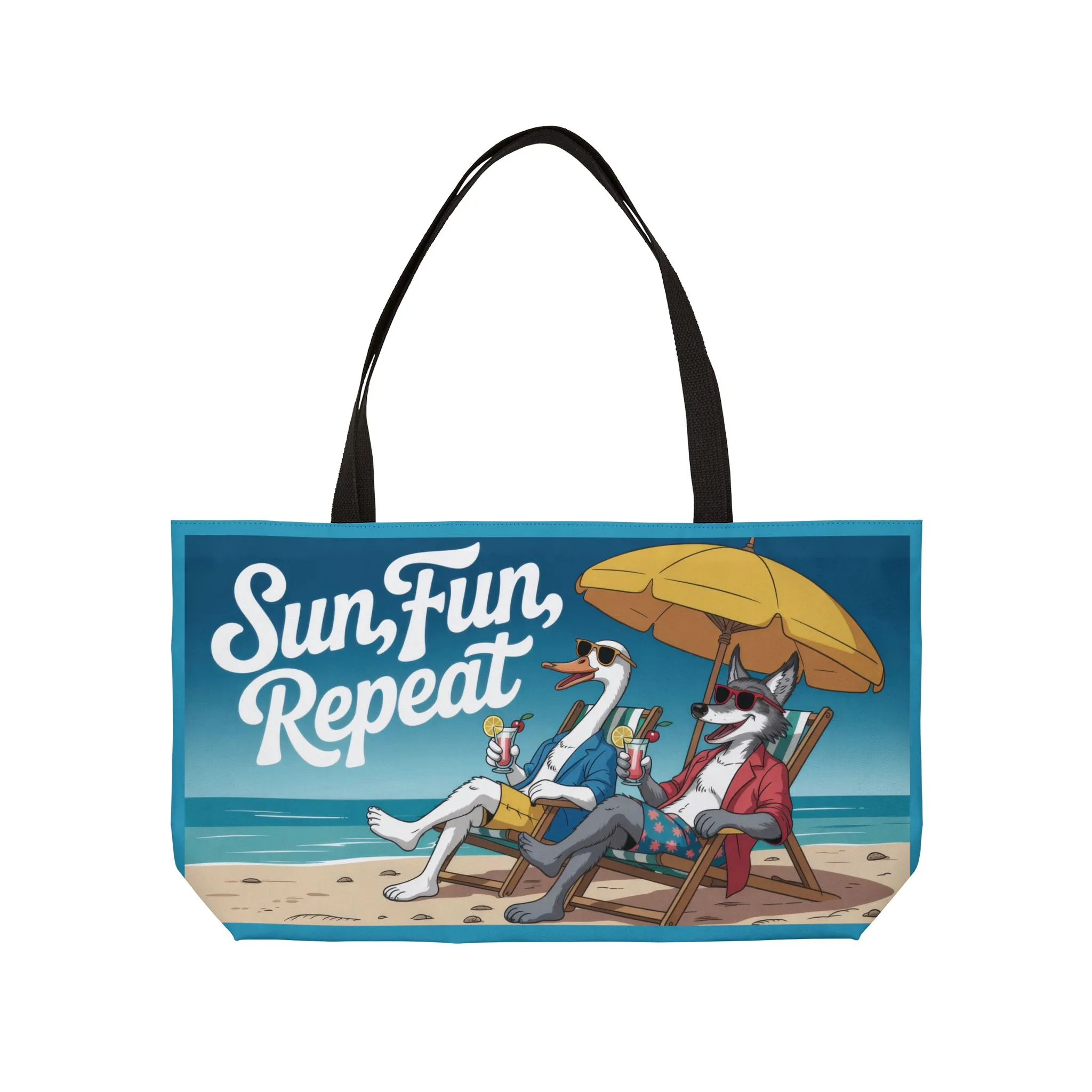 Funny Animal Beach Weekender Tote Bag, Weekender Bag with Cool Cartoon Duck and Wolf, Oversized Travel Beach Bag, Summer Essentials - Image 2
