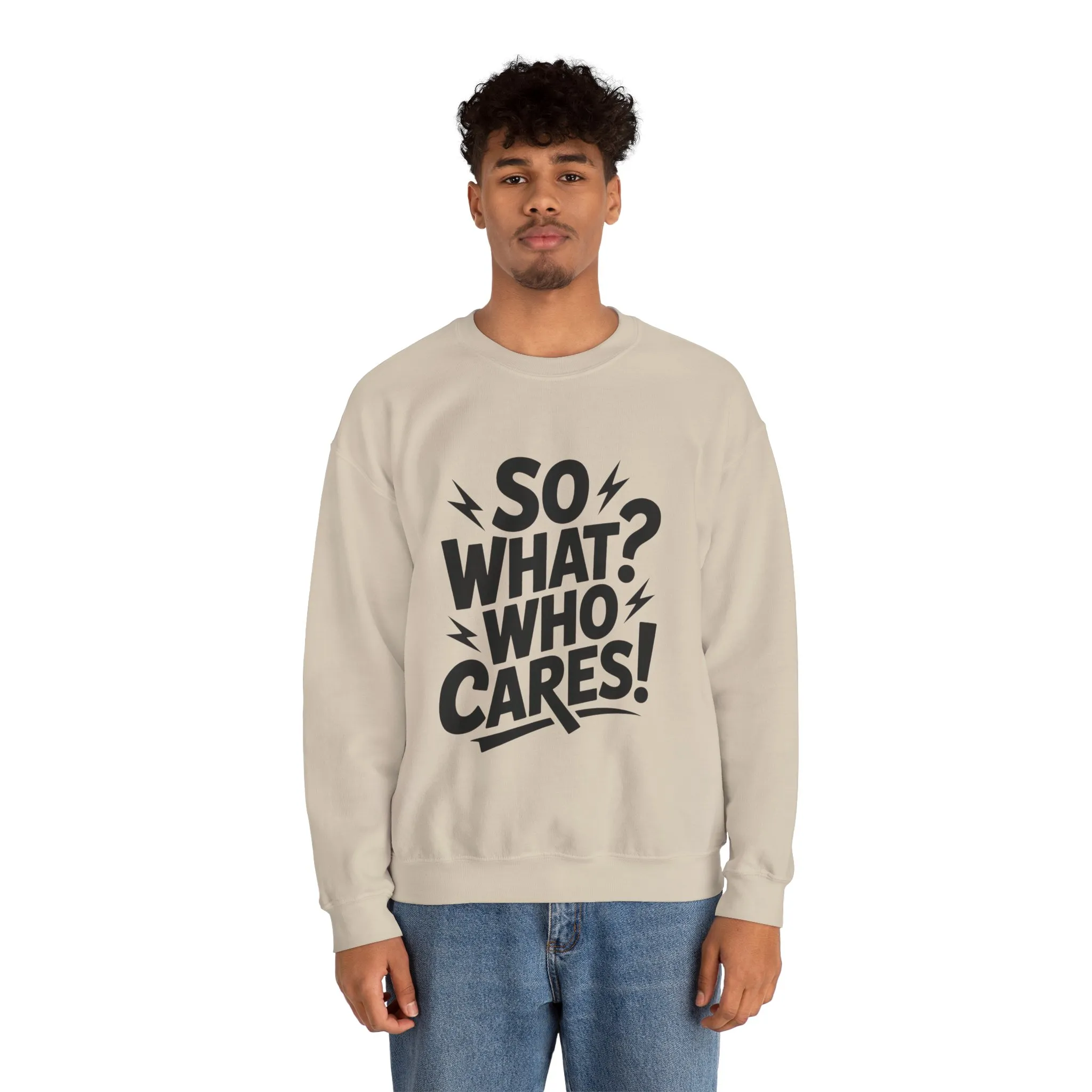 So What? Who Cares! Funny Mens Crewneck Sweatshirt, Bold Statement Design, Lightning Graphic Pullover, Rebellious Urban Humor - Image 5